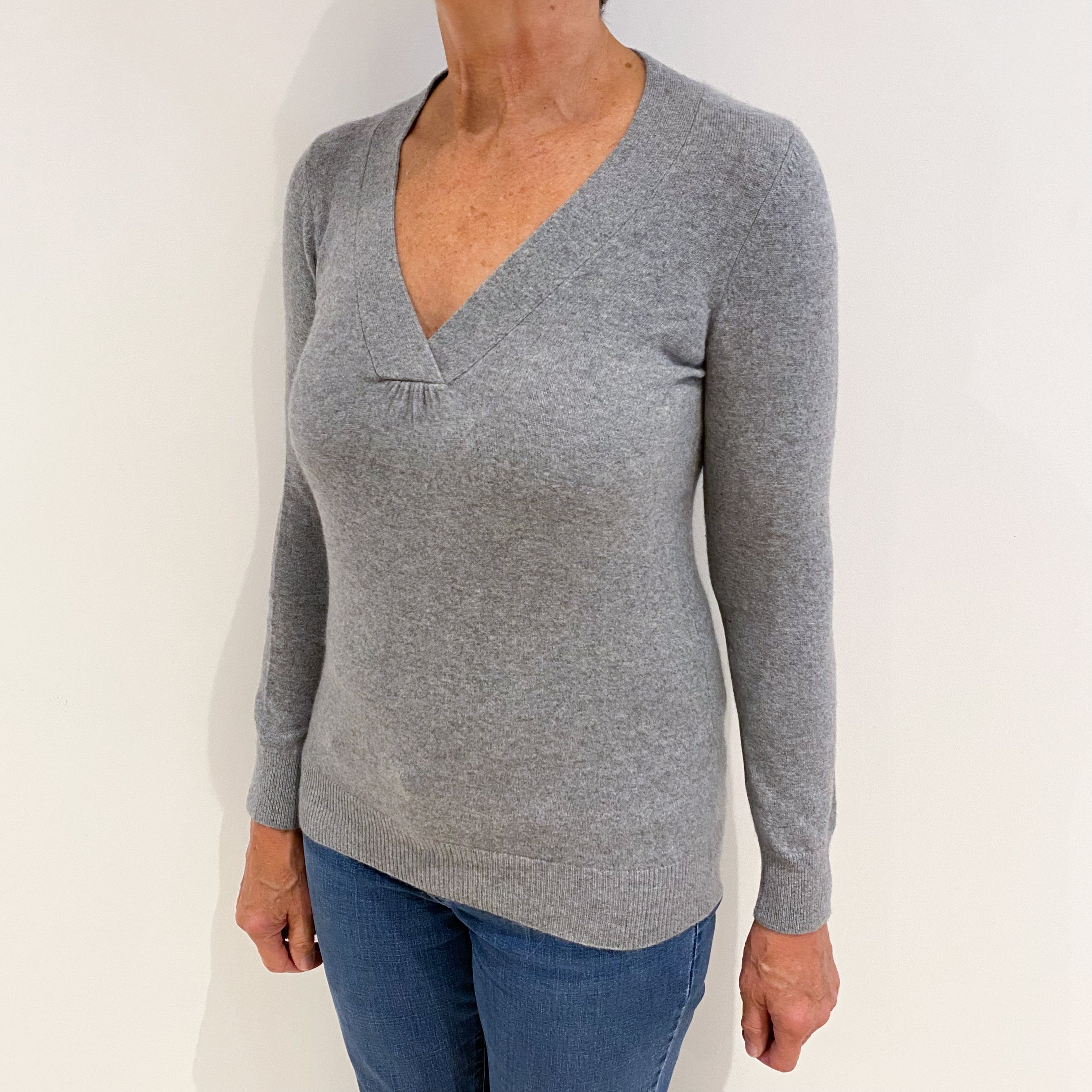 Smoke Grey Cashmere V-Neck Jumper Medium