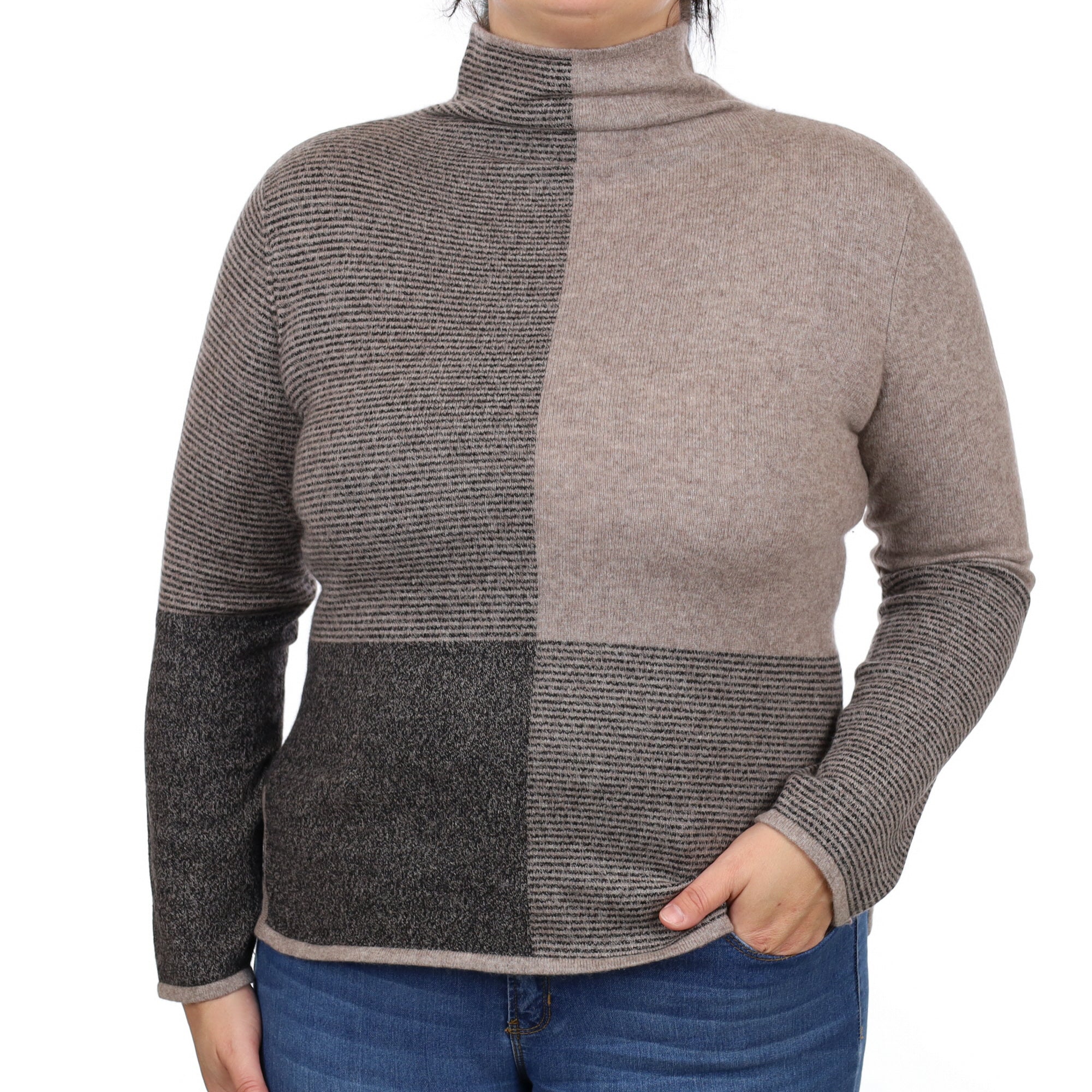 Mocha and Black Patterned Cashmere Funnel Neck Jumper Large