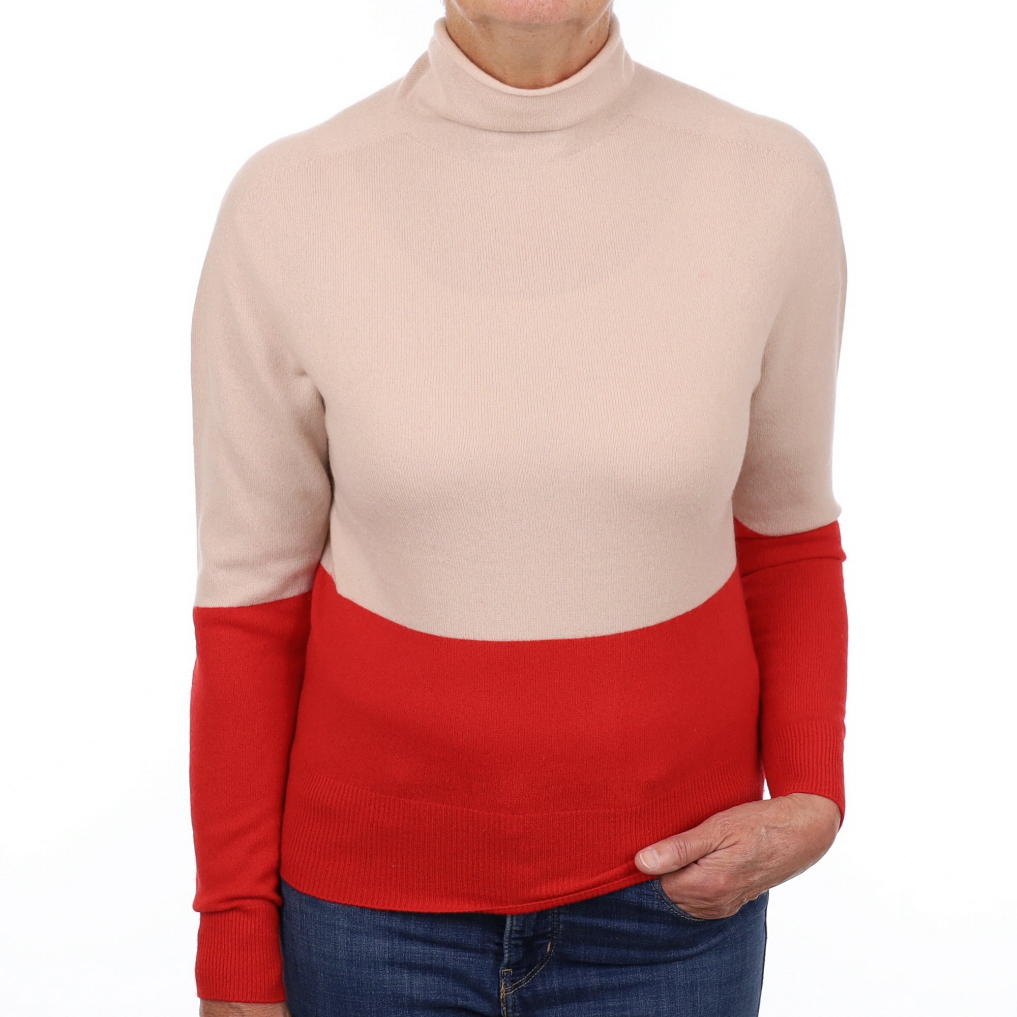 Boss Buff Beige and Red Cashmere Polo Neck Jumper Medium