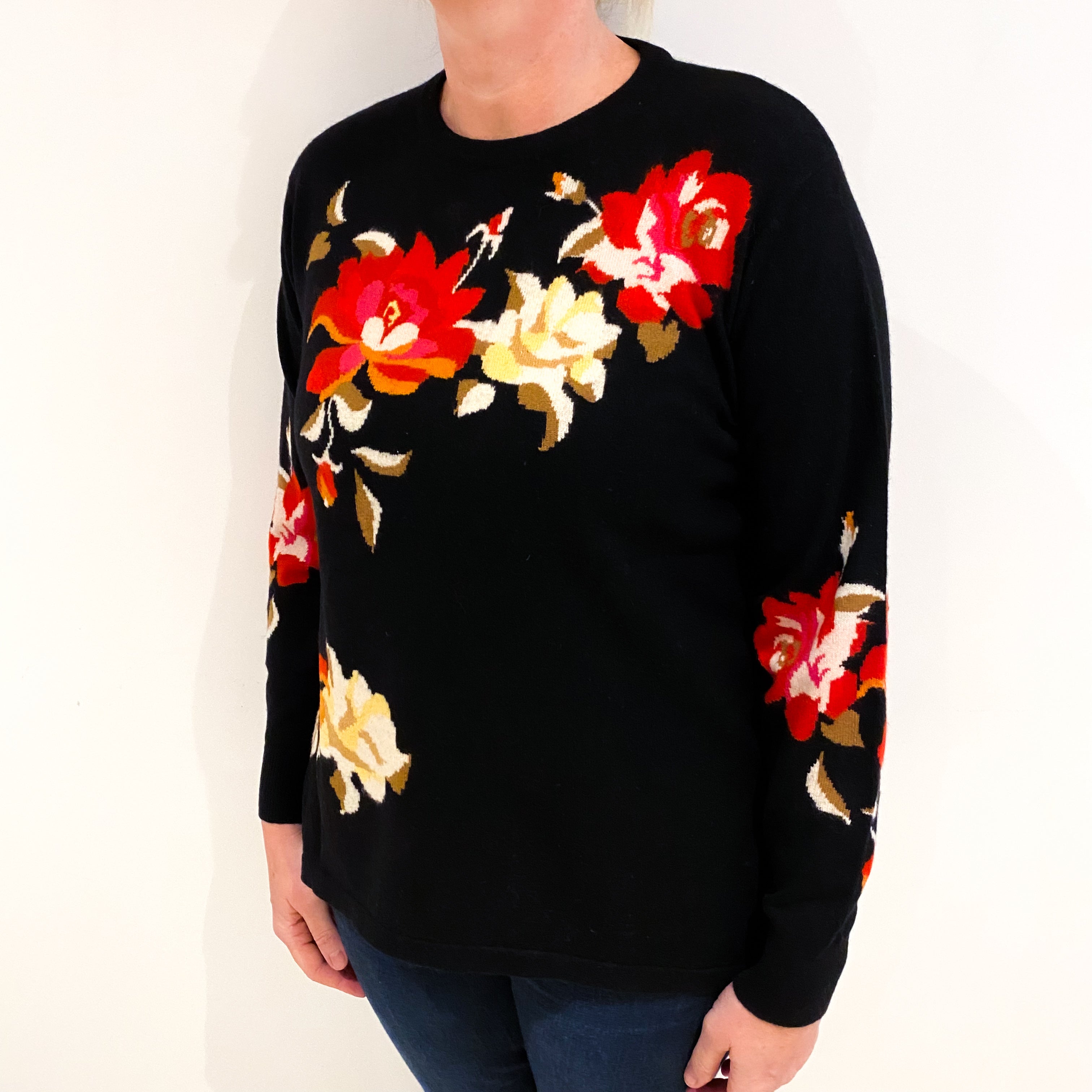 Black Floral Cashmere Crew Neck Jumper Large