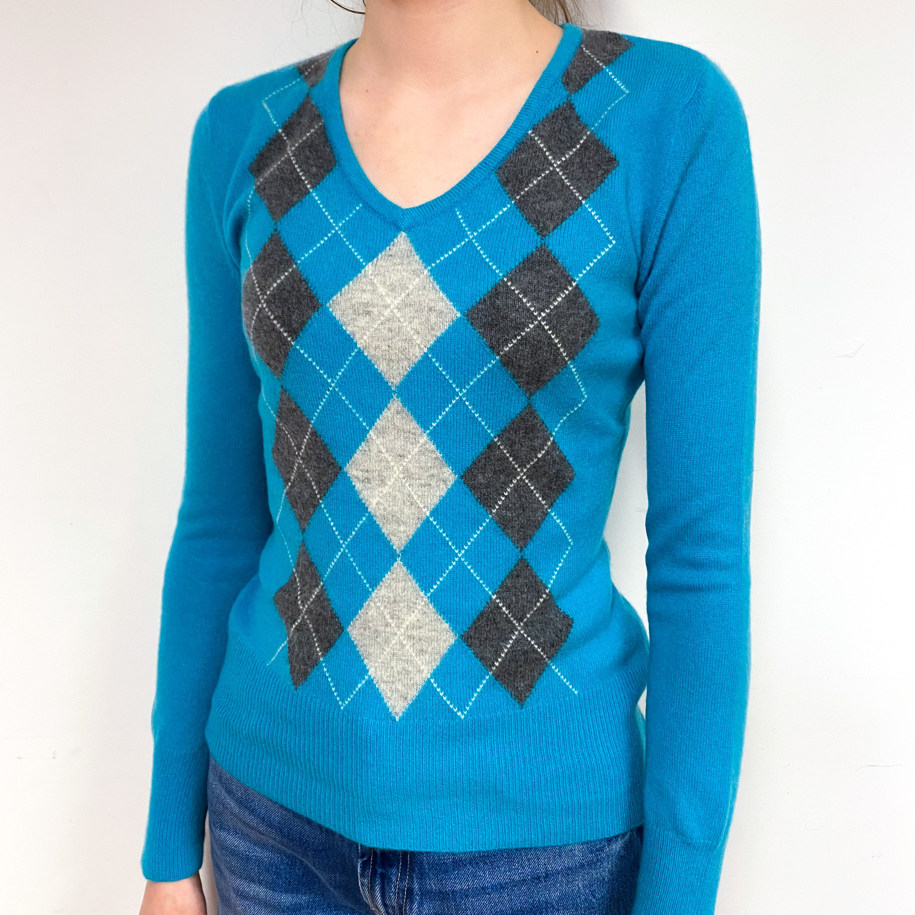 Turquoise Grey Argyle Cashmere V-Neck Jumper Extra Small