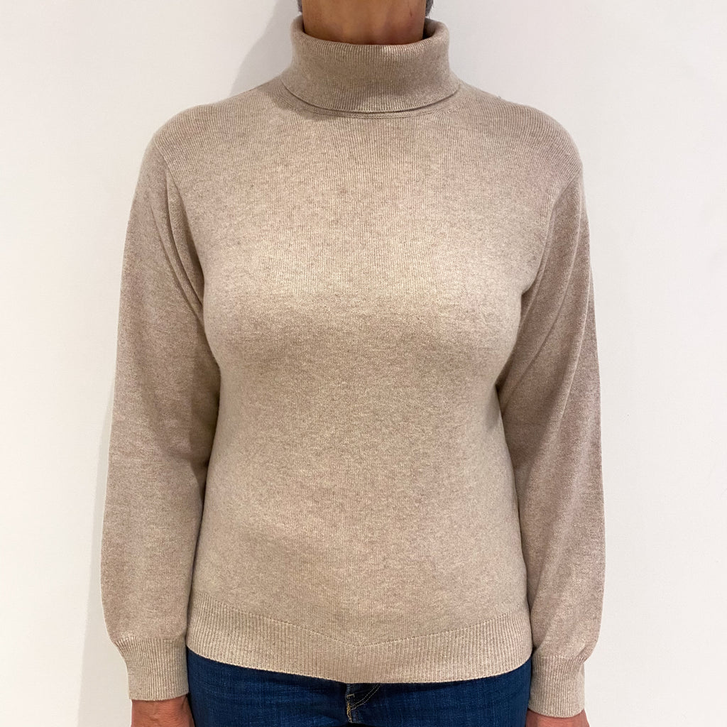Oatmeal Beige Cashmere Polo Neck Jumper Medium