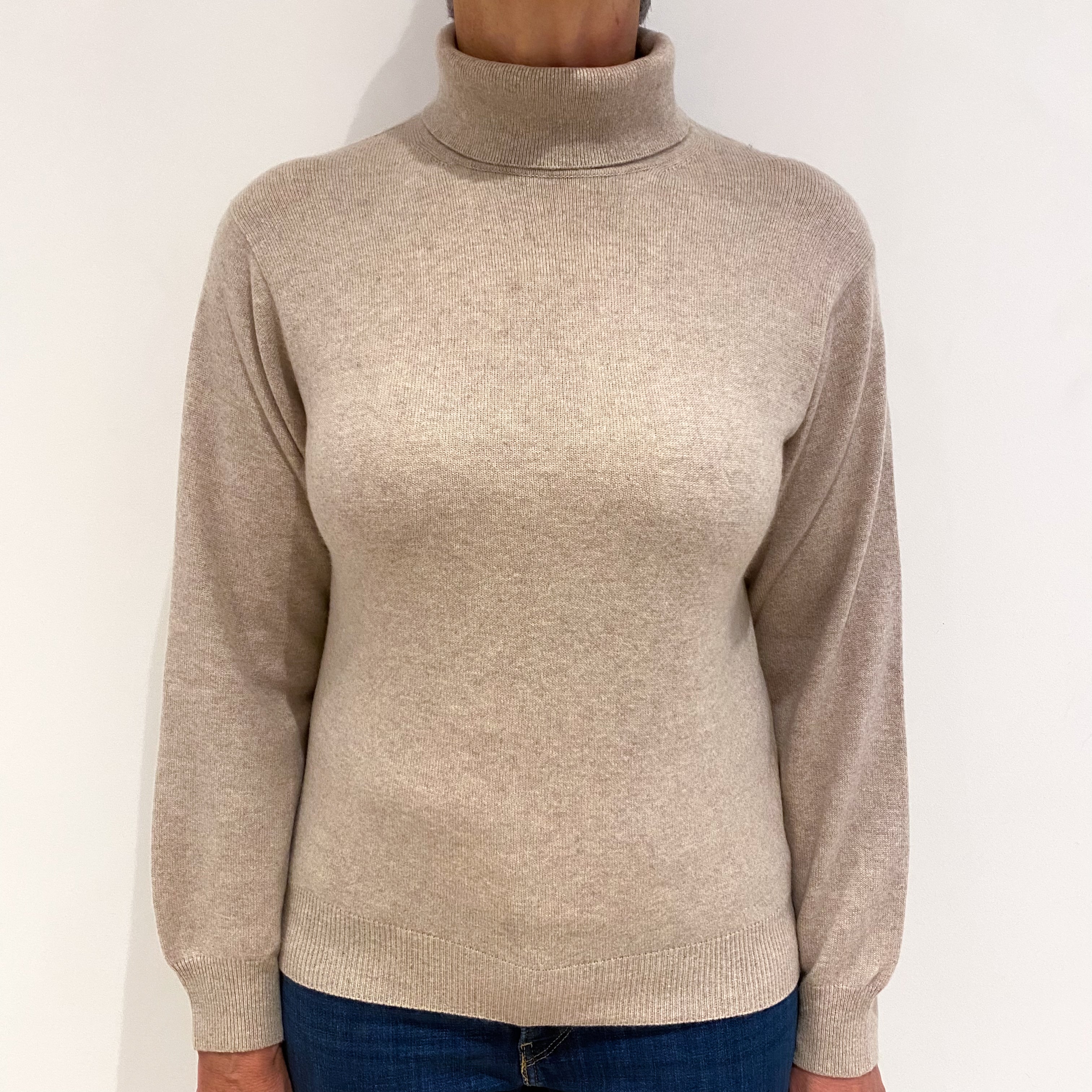 Oatmeal Beige Cashmere Polo Neck Jumper Medium