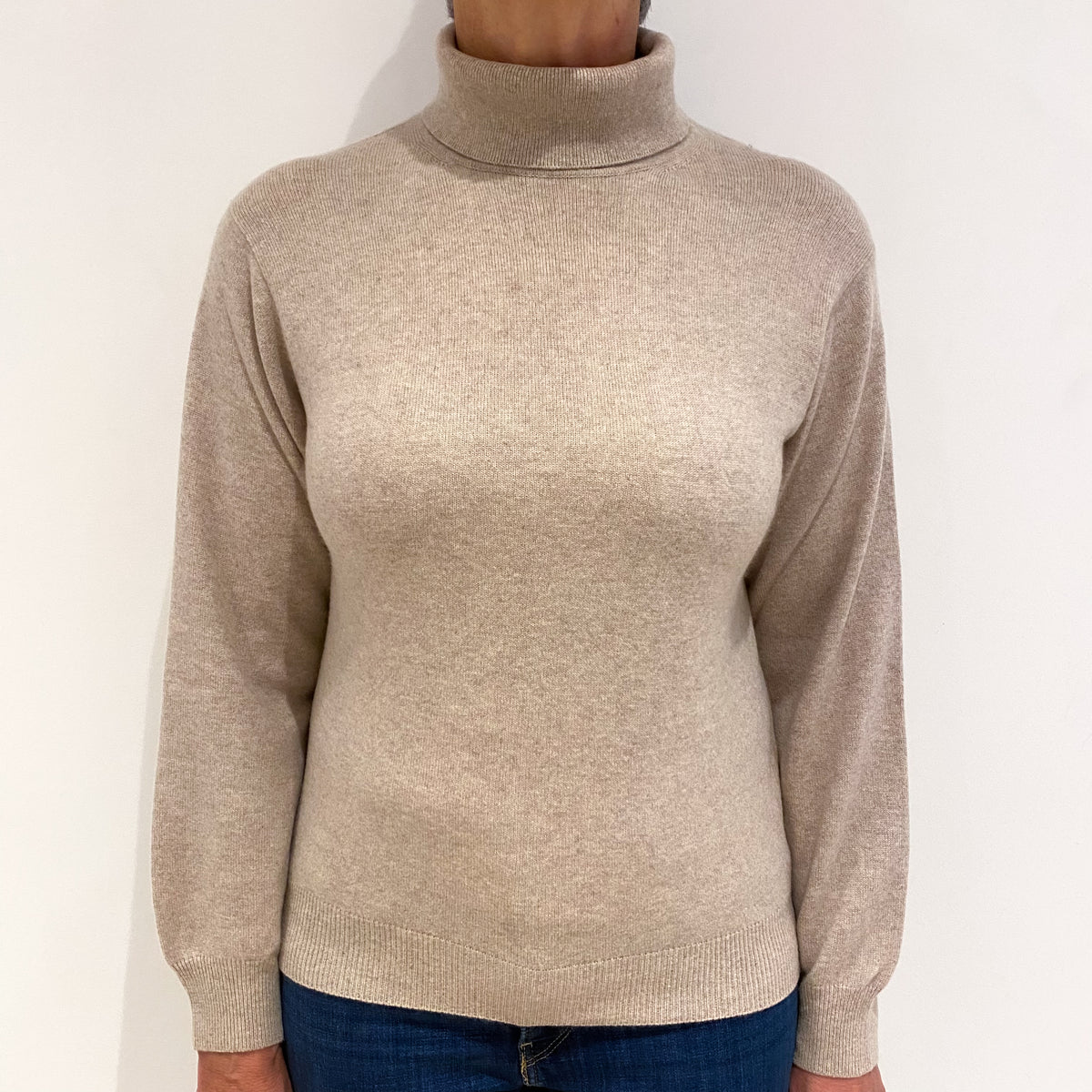 Oatmeal Beige Cashmere Polo Neck Jumper Medium