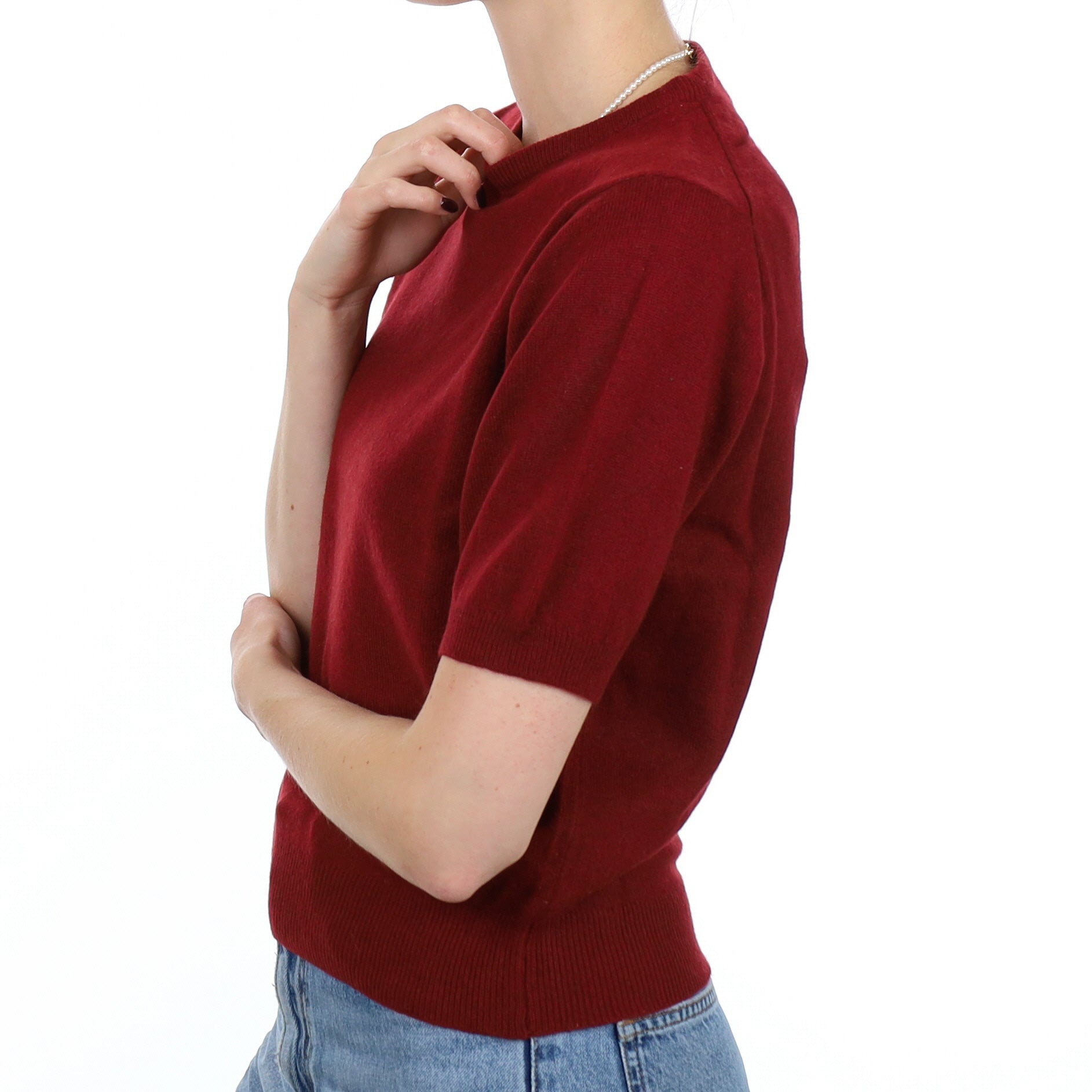 Maroon Red Cashmere Short Sleeve Crew Neck Jumper Small