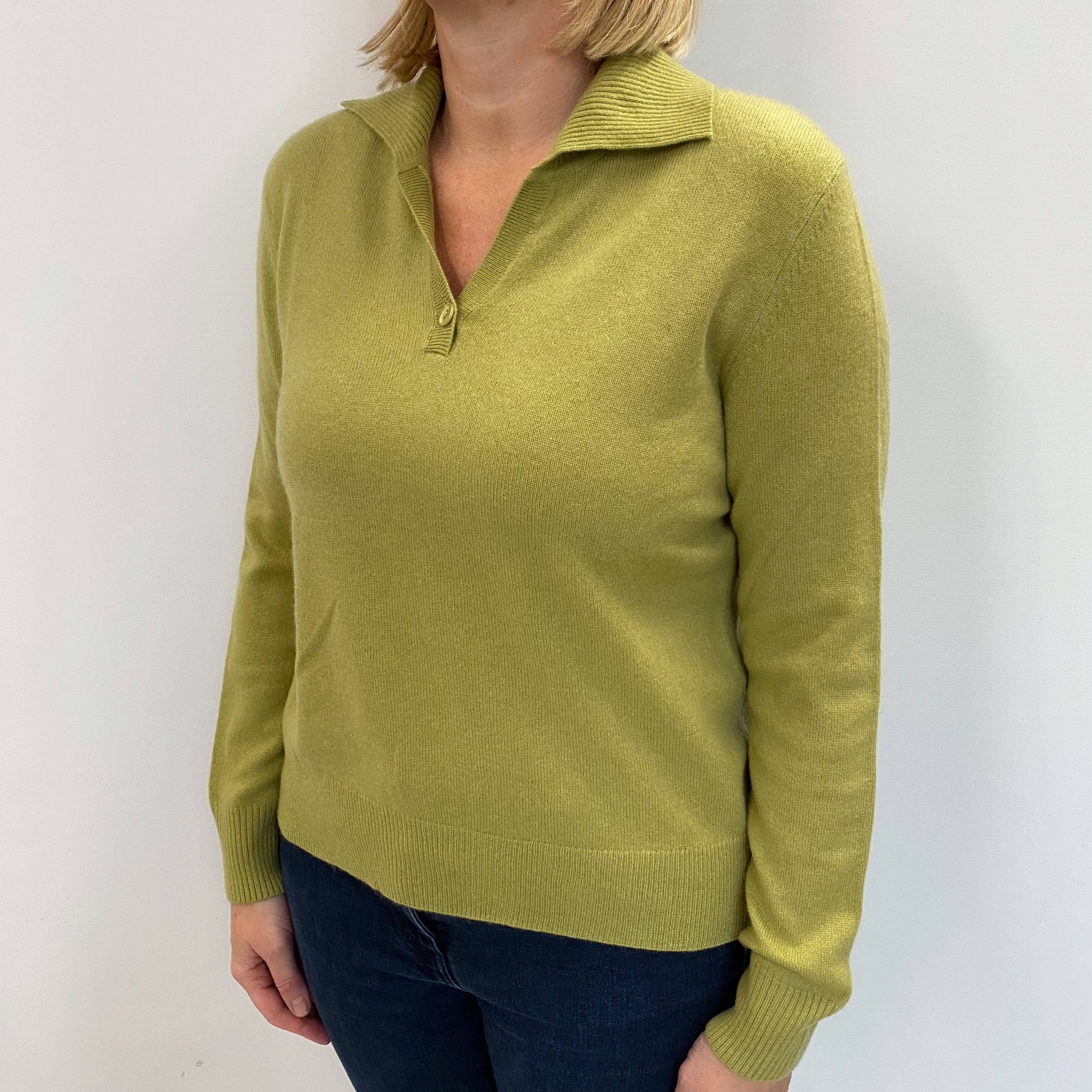 Pea Green Cashmere Collared V Neck Jumper Large