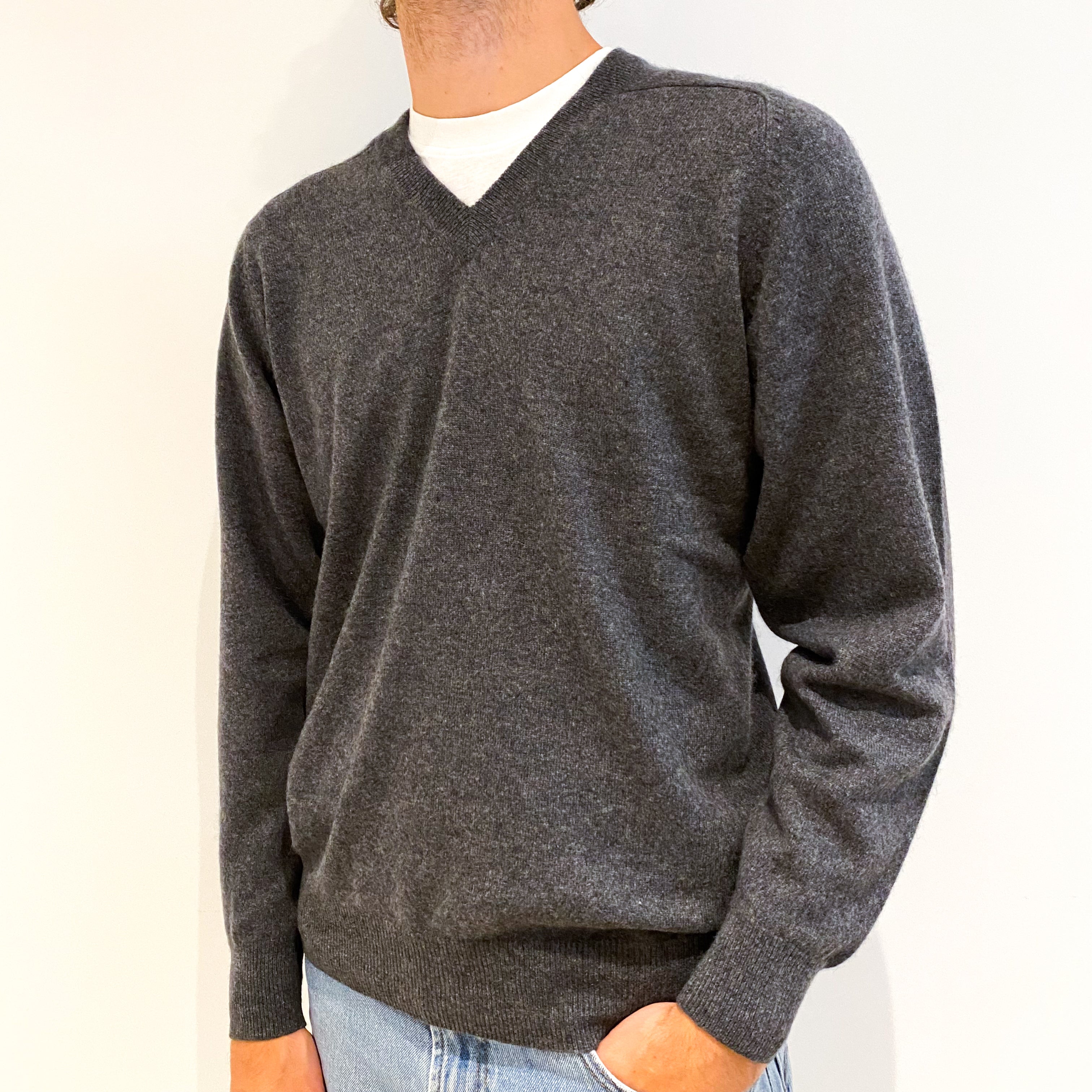 Men's Slate Grey Cashmere V-Neck Jumper Large