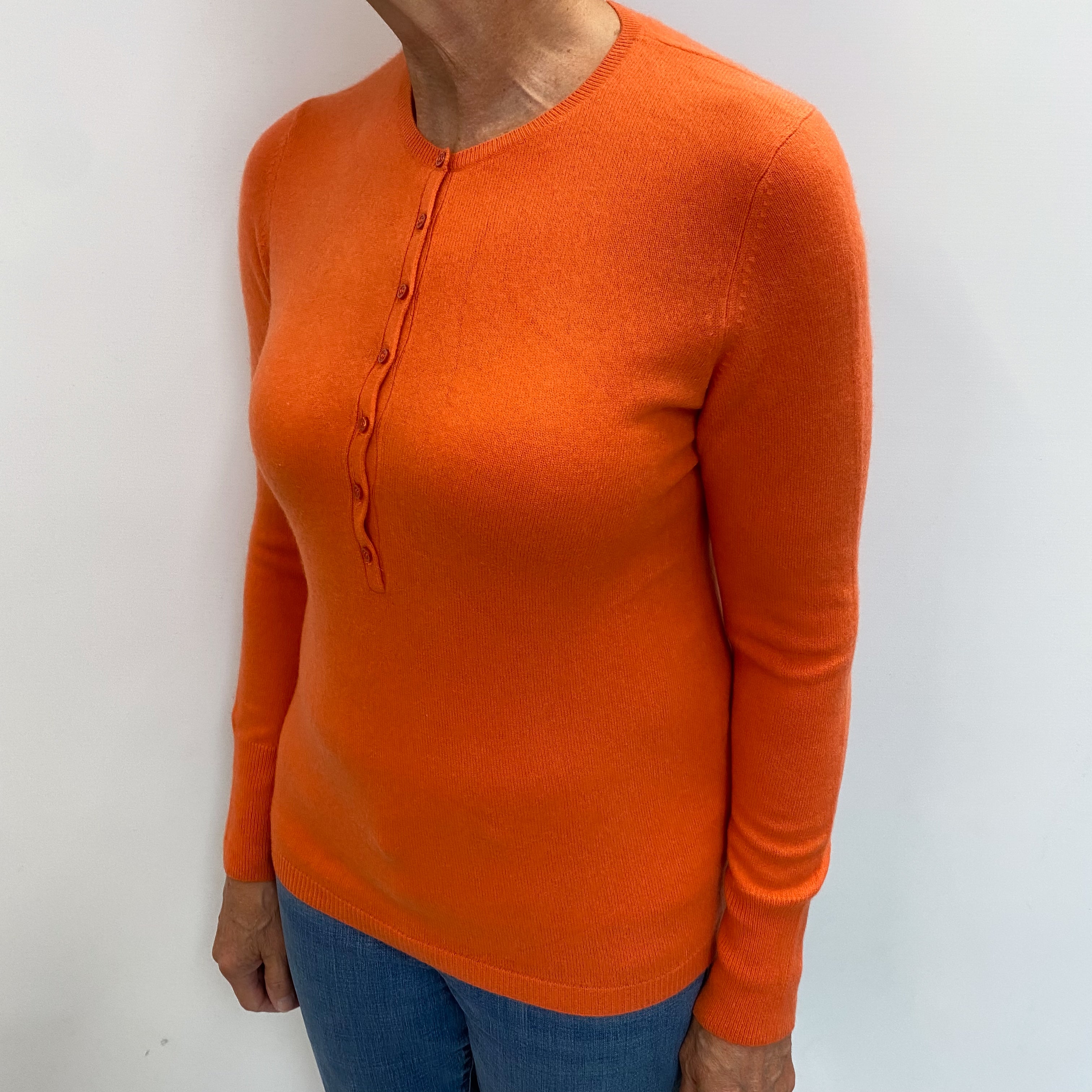 Tangerine Orange Cashmere Button Up Crew Neck Jumper Medium