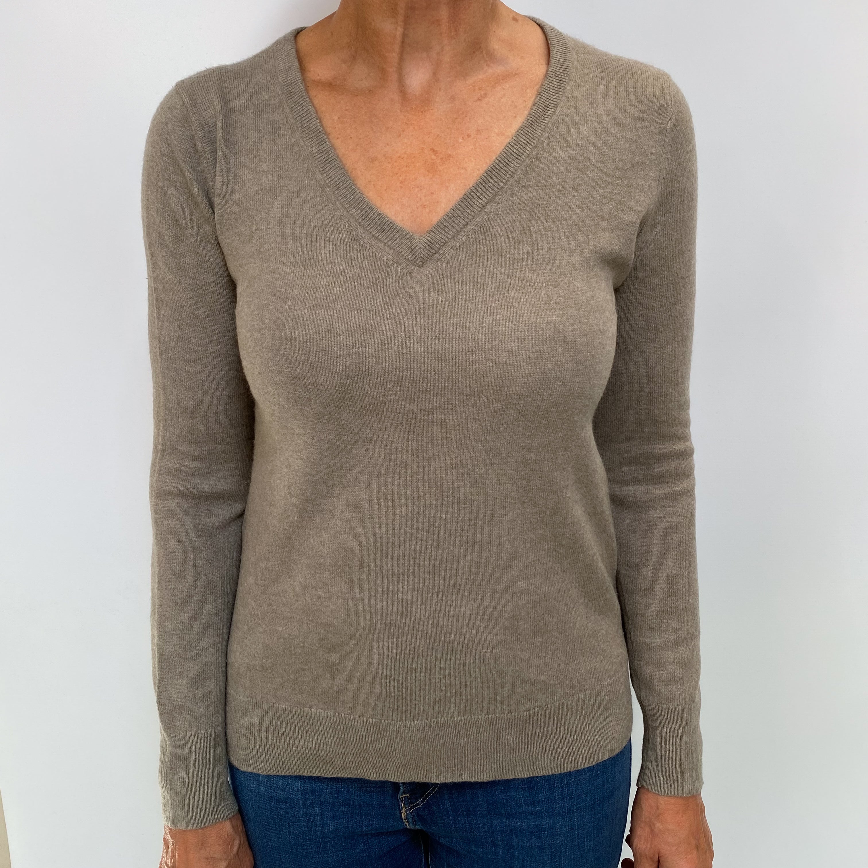 Biscuit Brown Cashmere V Neck Jumper Medium