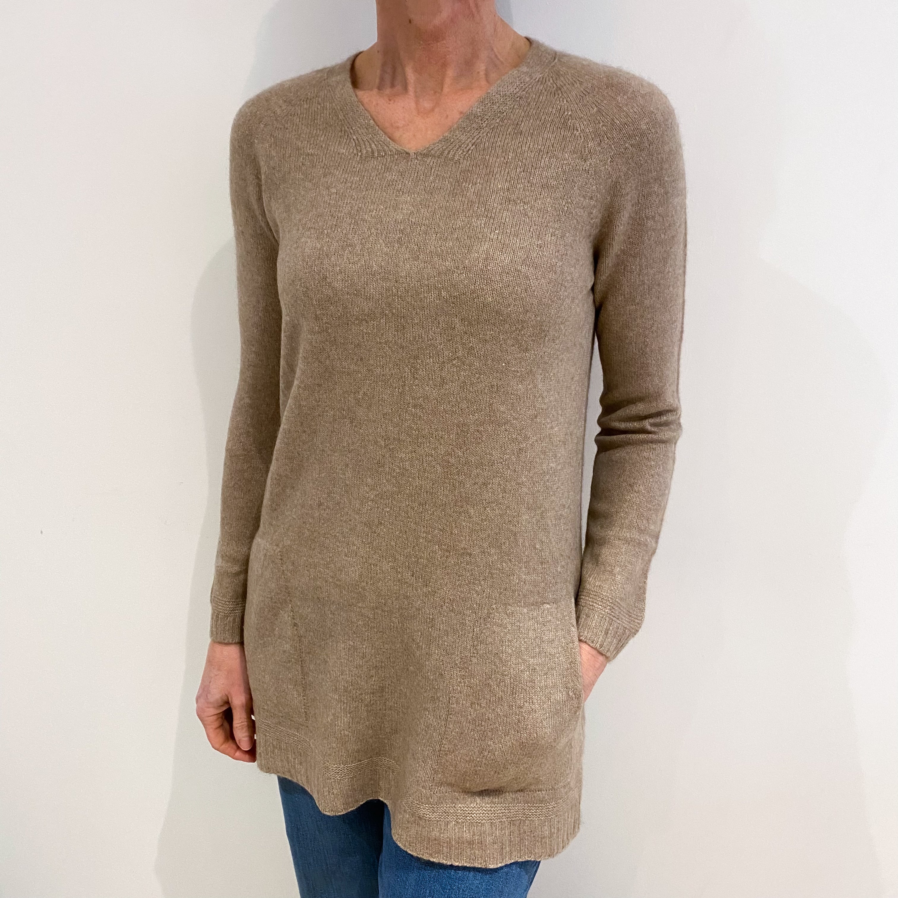 Biscuit Beige Cashmere V Neck Long Line Jumper With Pockets Small