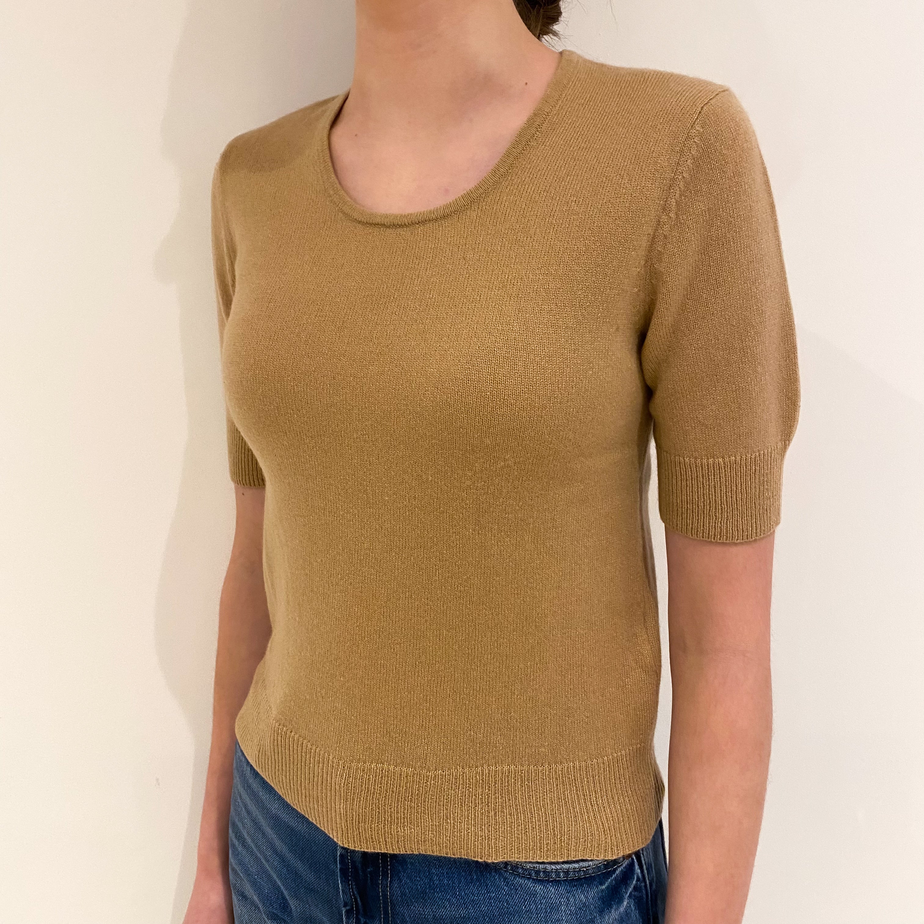 Caramel Brown Cashmere Short Sleeve Crew Neck Jumper Extra Small