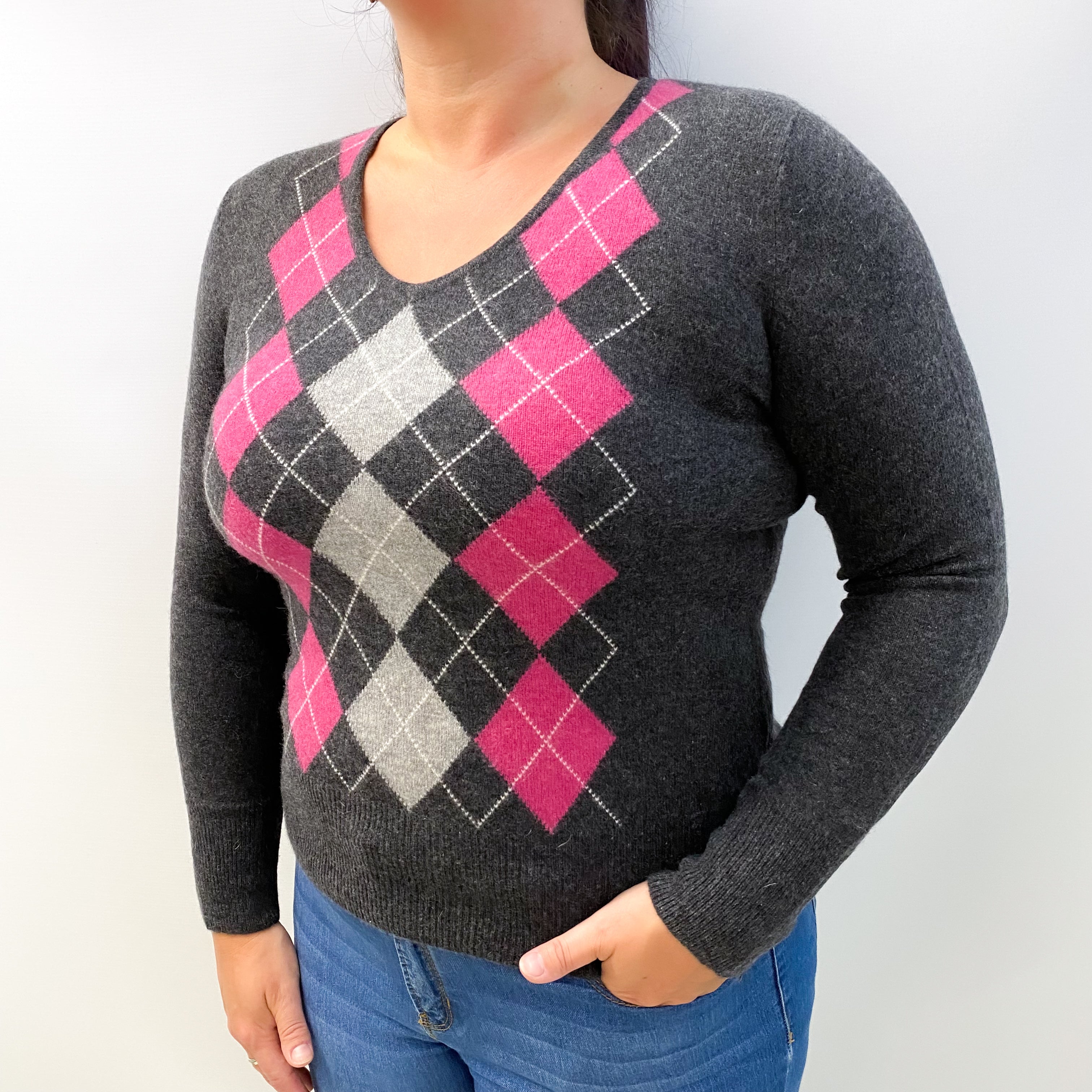 Charcoal Grey Argyle Cashmere V Neck Jumper Large