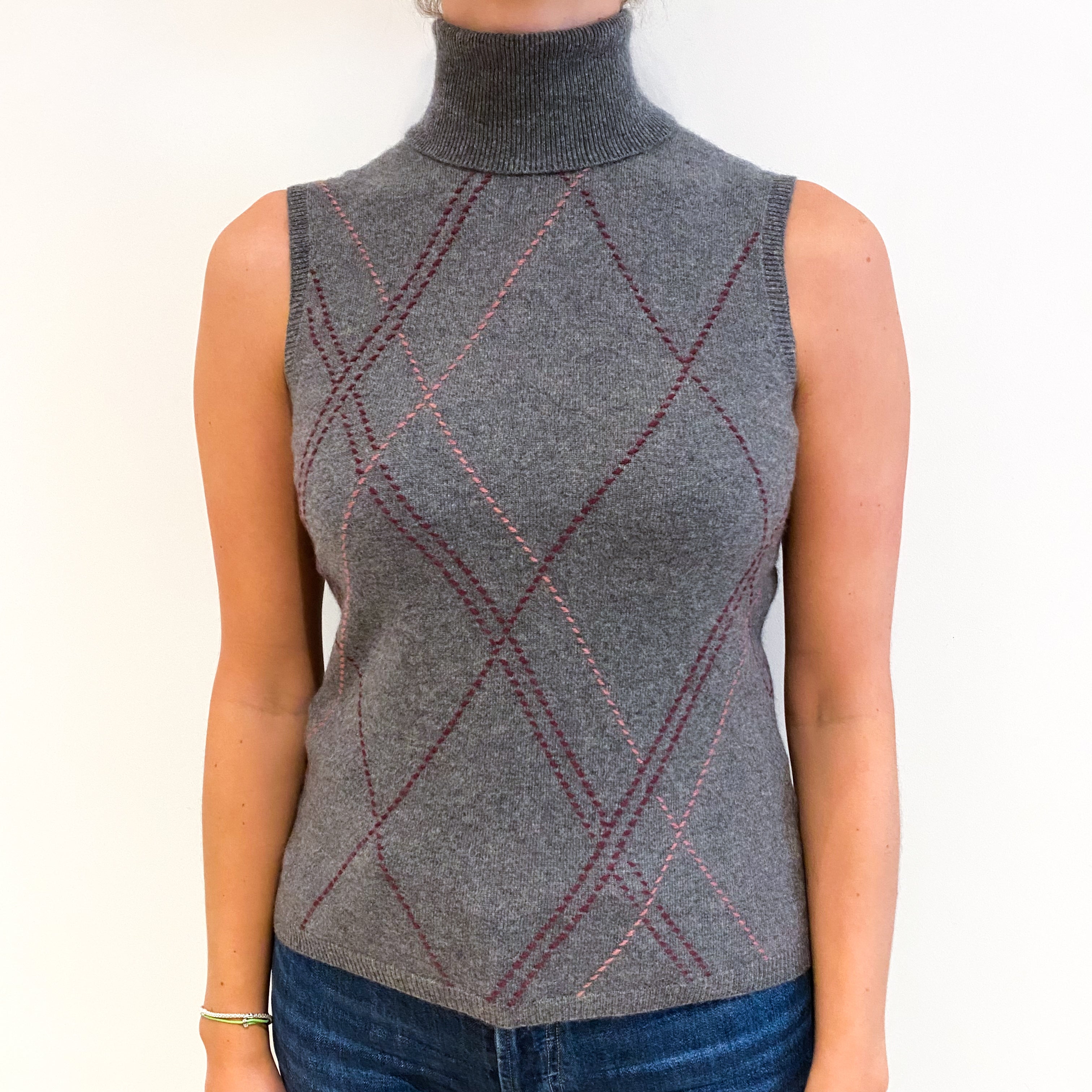 Slate Grey Diamond Patterned Cashmere Sleeveless Polo Neck Jumper Small