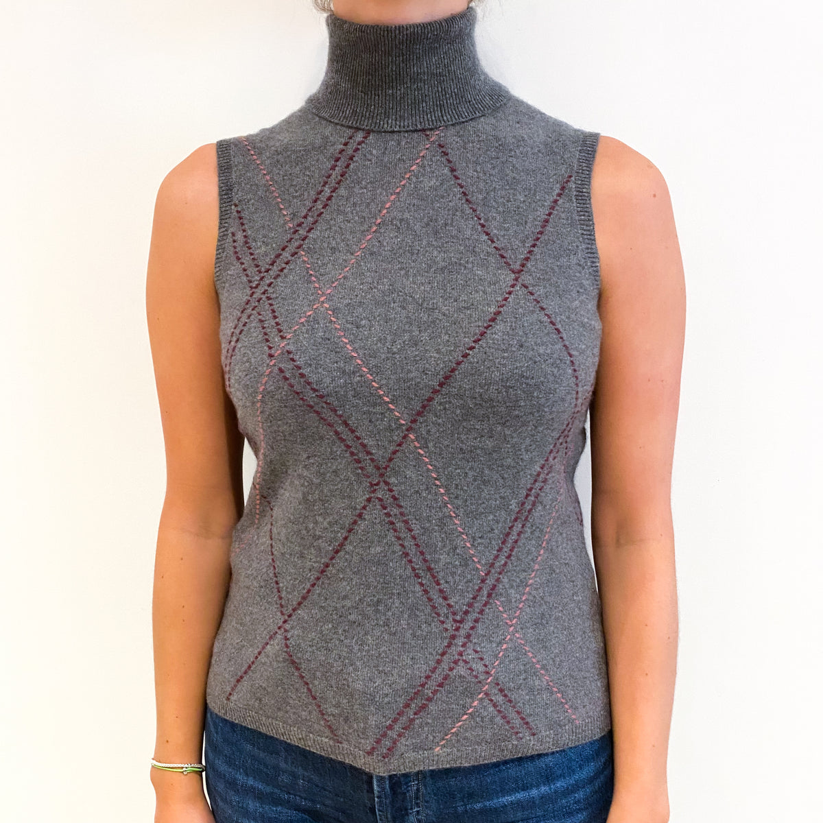 Slate Grey Diamond Patterned Cashmere Sleeveless Polo Neck Jumper Small