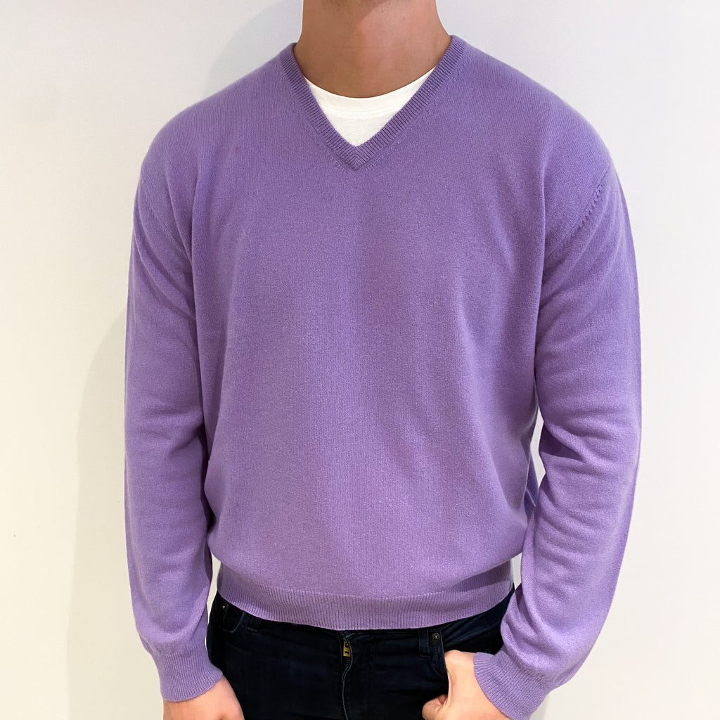 Men's Lavender Purple Cashmere V Neck Jumper XXL