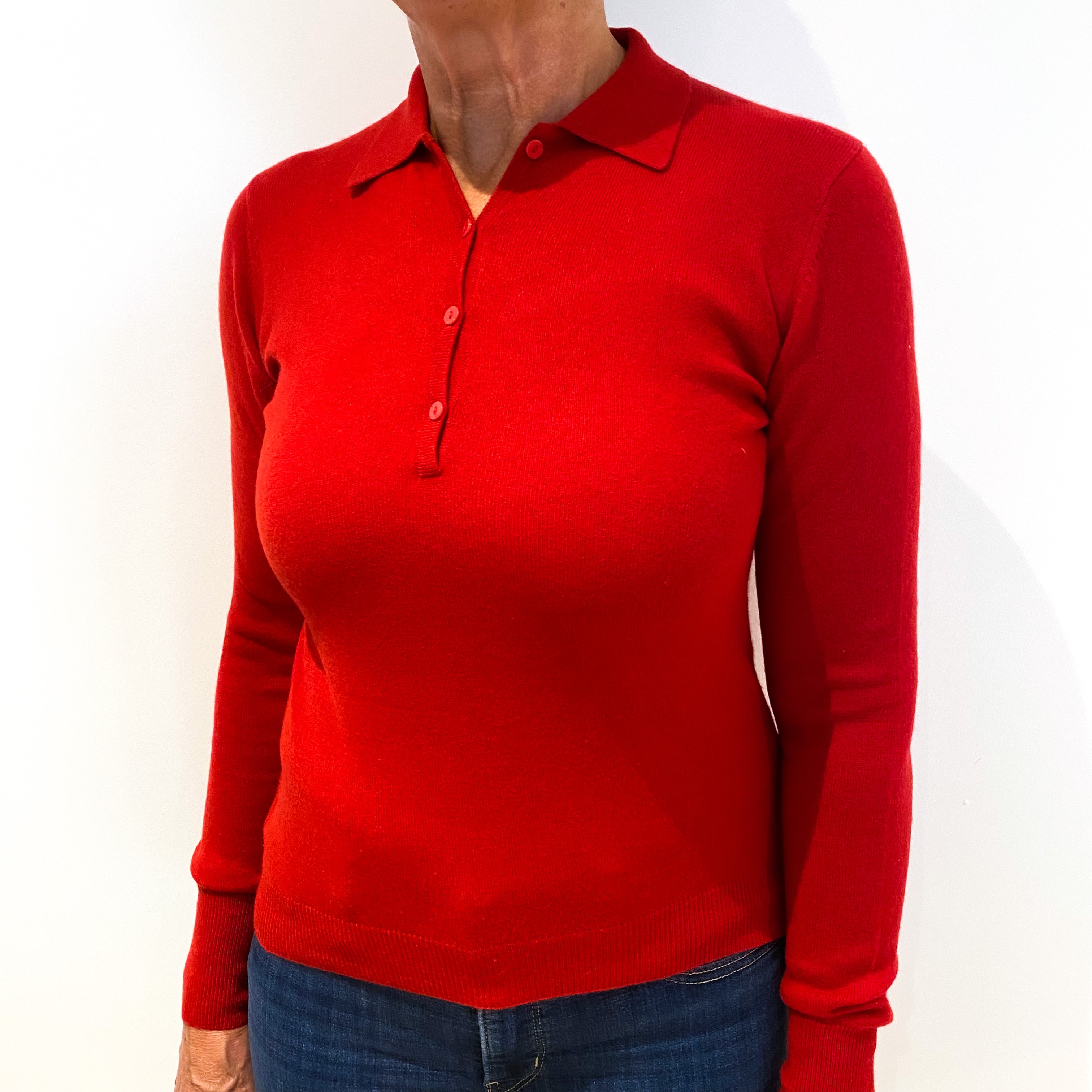 Post Box Red Collared 1/4 Button Cashmere Crew Neck Jumper Medium