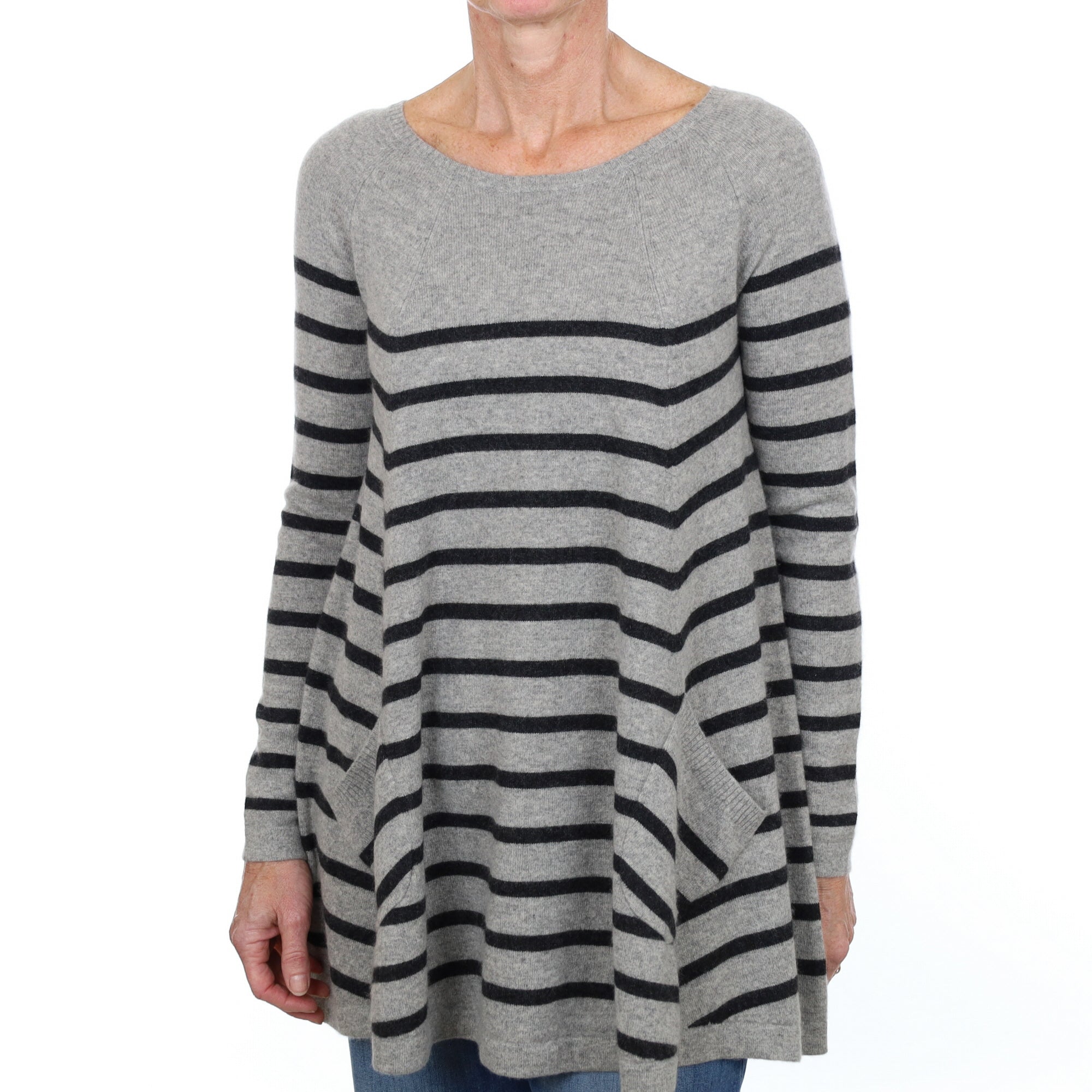 Smoke Grey Striped Cashmere Crew Neck Jumper Small