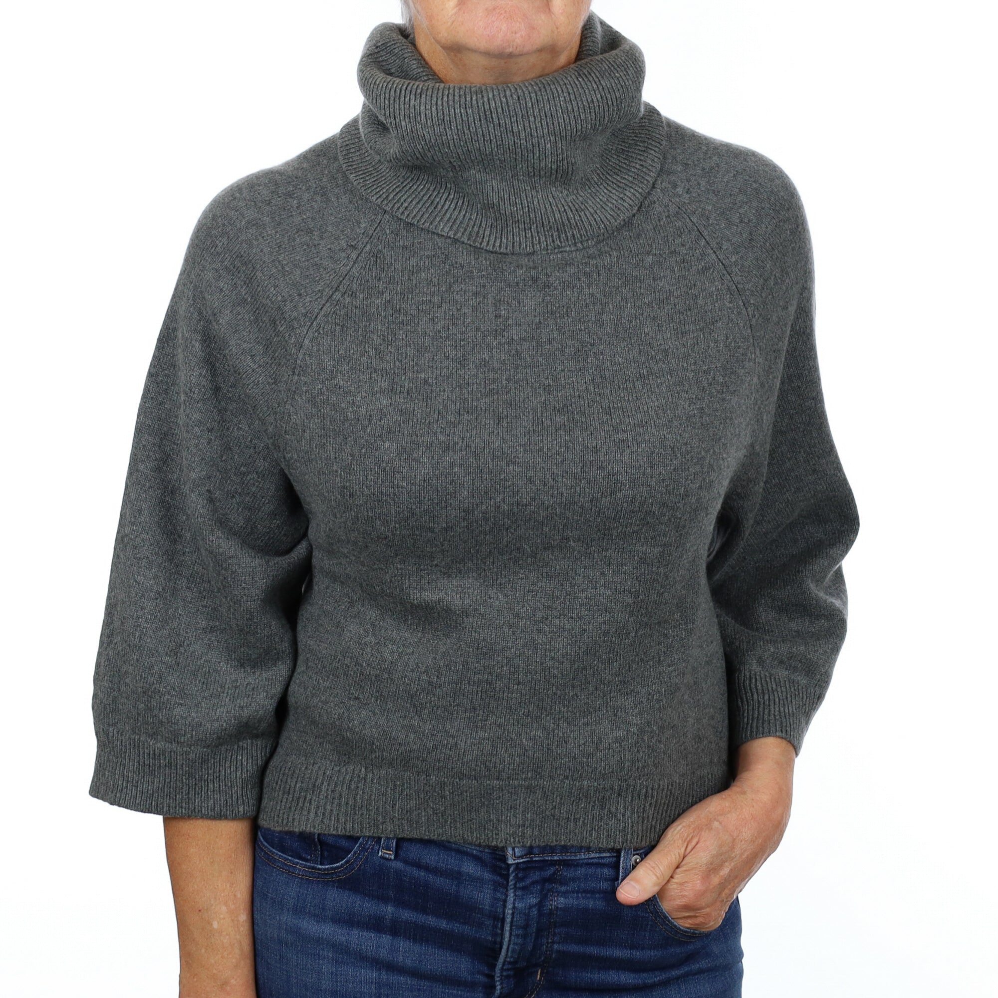 Theory Slate Grey Cashmere Wide Sleeve Polo Neck Jumper Medium