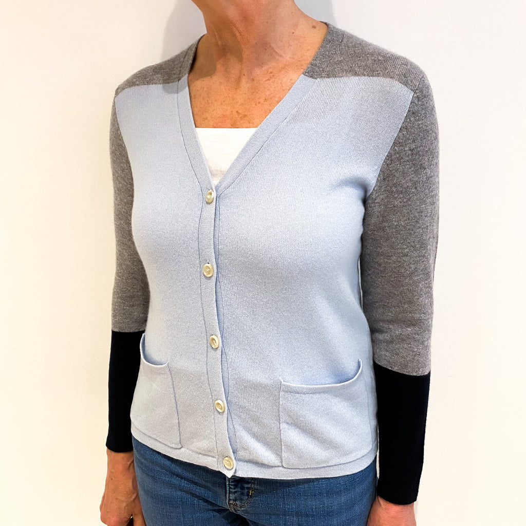 Pale Blue And Grey Colour Block Cashmere V Neck Cardigan Medium