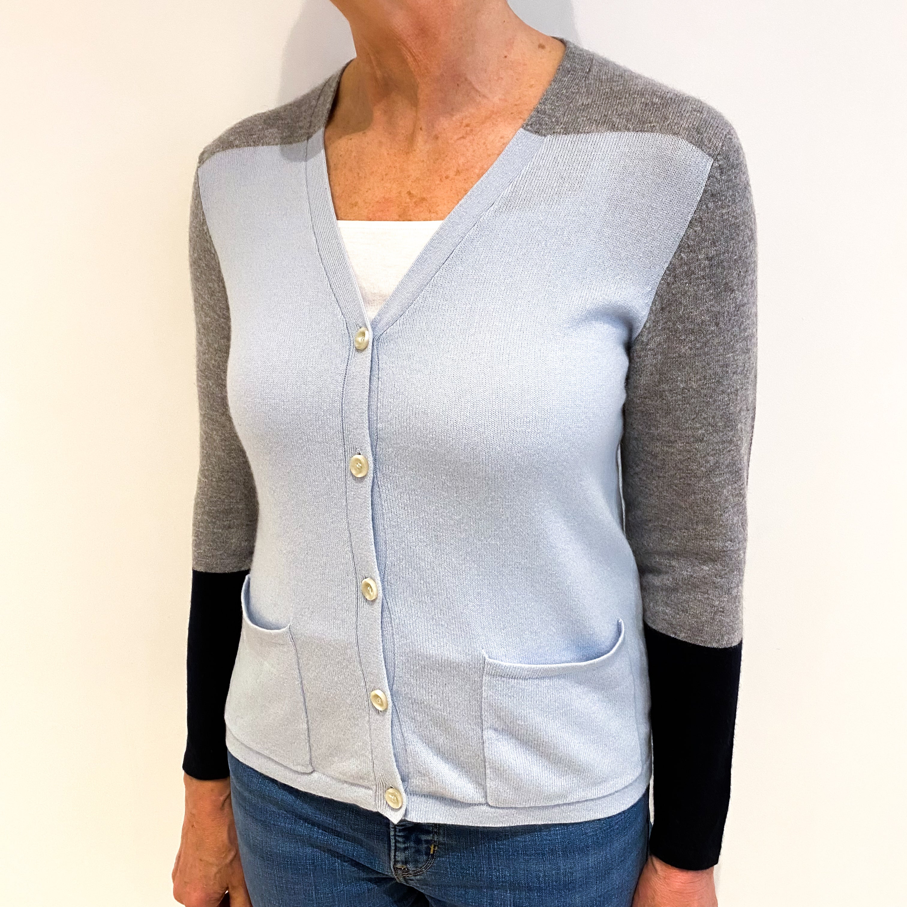 Pale Blue And Grey Colour Block Cashmere V Neck Cardigan Medium