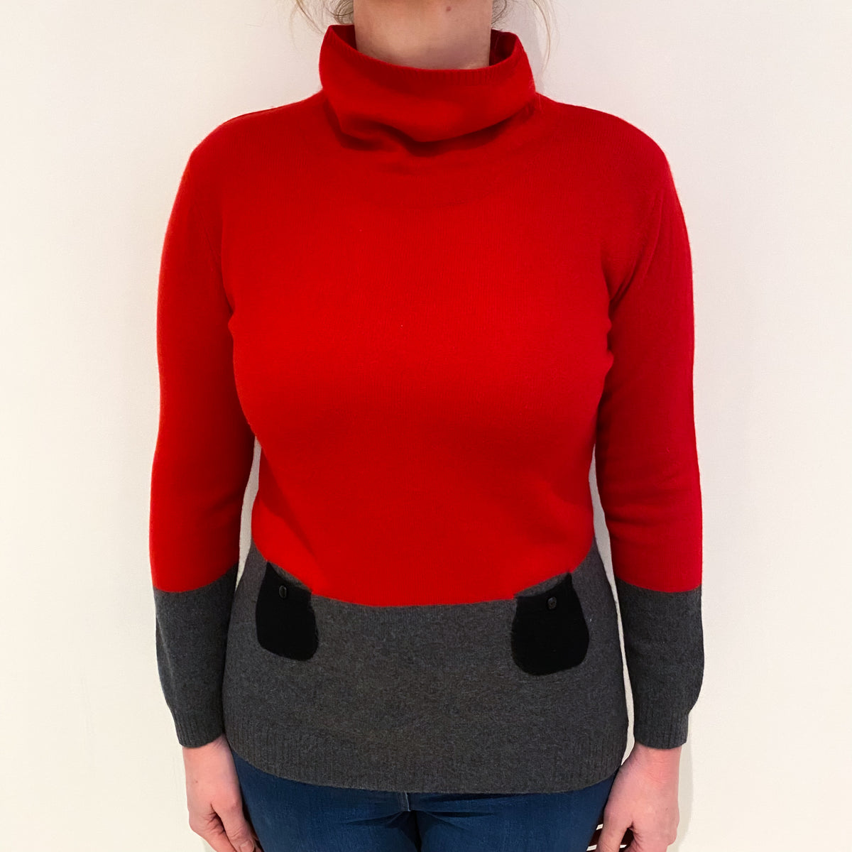 Scarlet Red and Grey Cashmere Funnel Neck Jumper Large