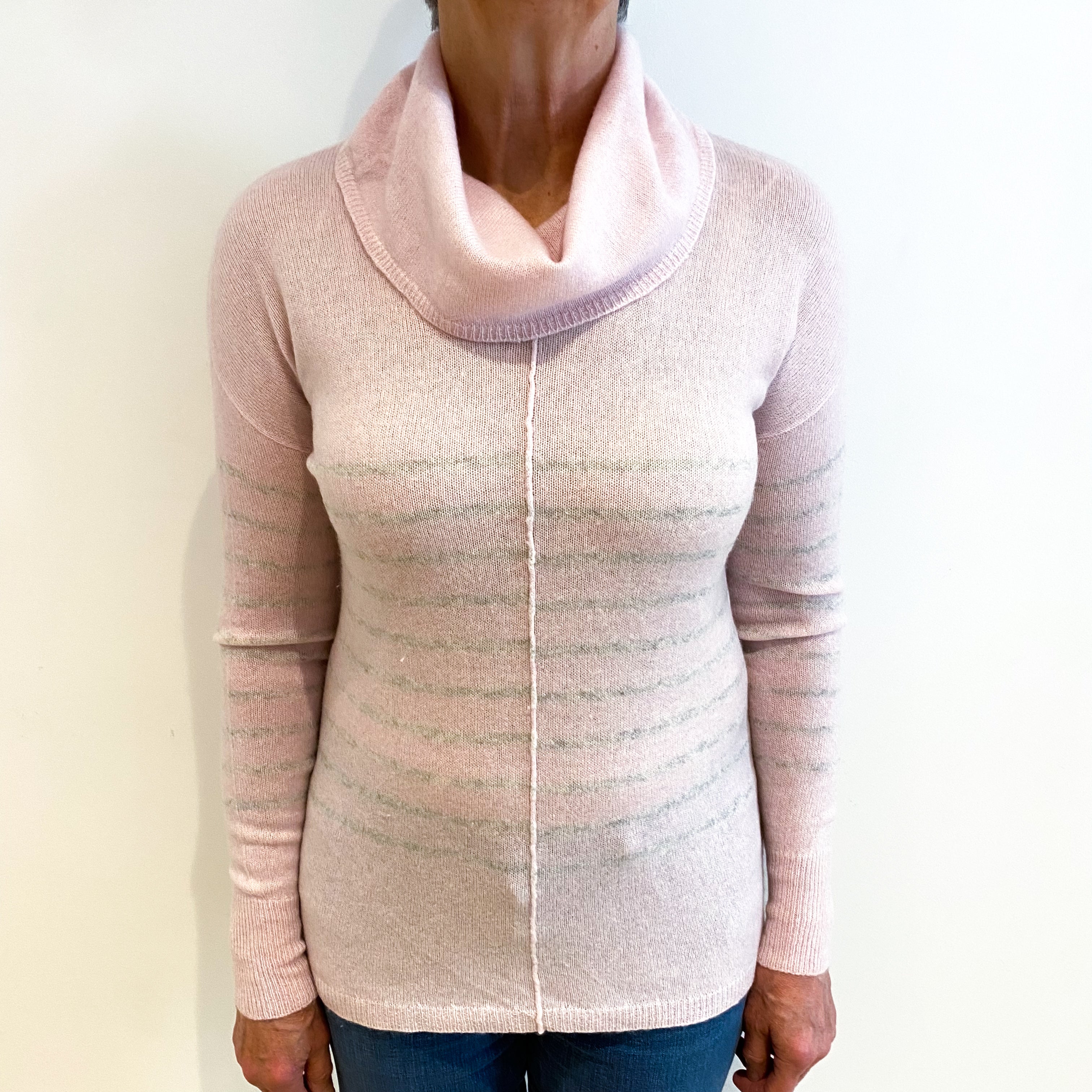 Ice Pink And Grey Stripe Cashmere Cowl Neck Jumper Medium