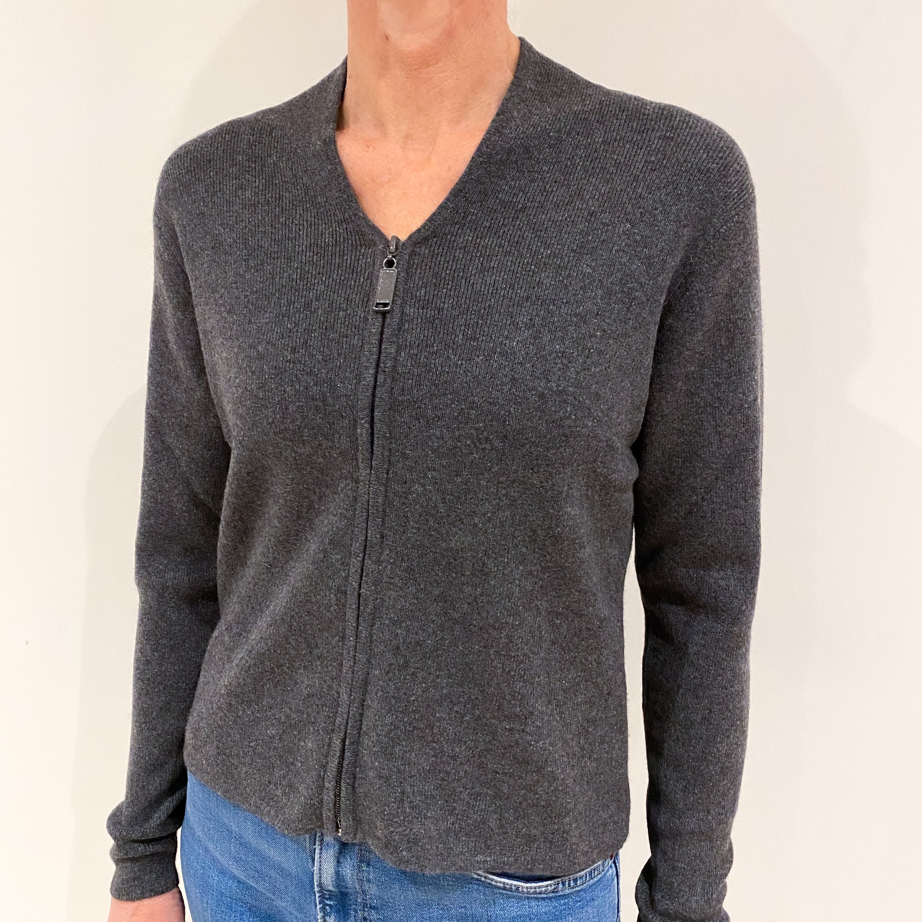 Slate Grey Heavy knit Cashmere Zip Up Cardigan Small
