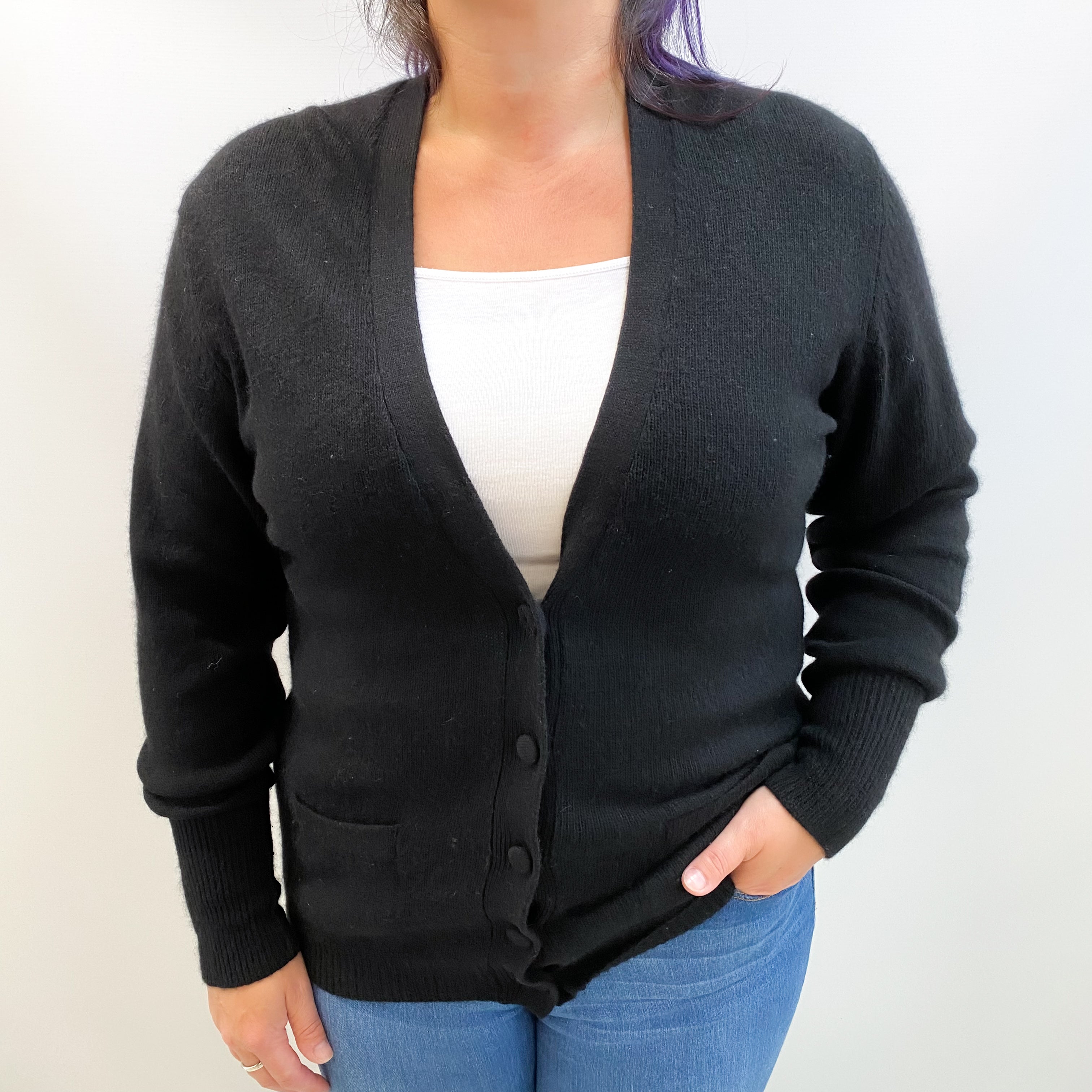 Black Cashmere V Neck Cardigan Large