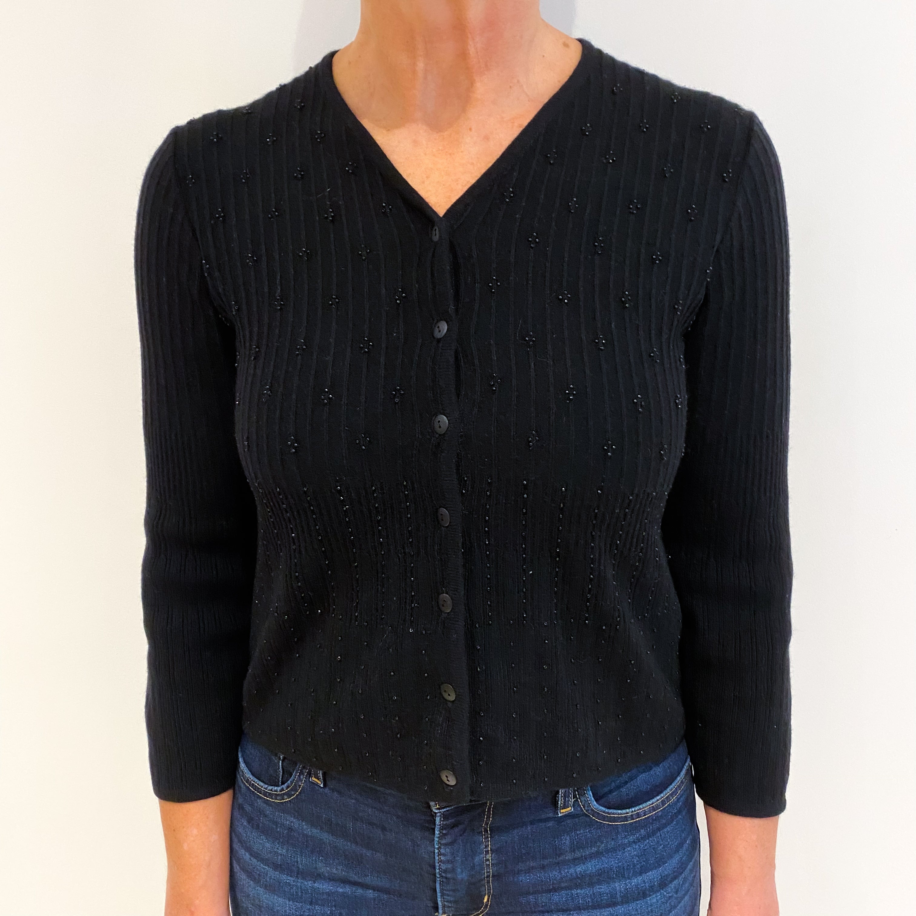 Black Bead Embellished Cashmere V Neck Cardigan Medium