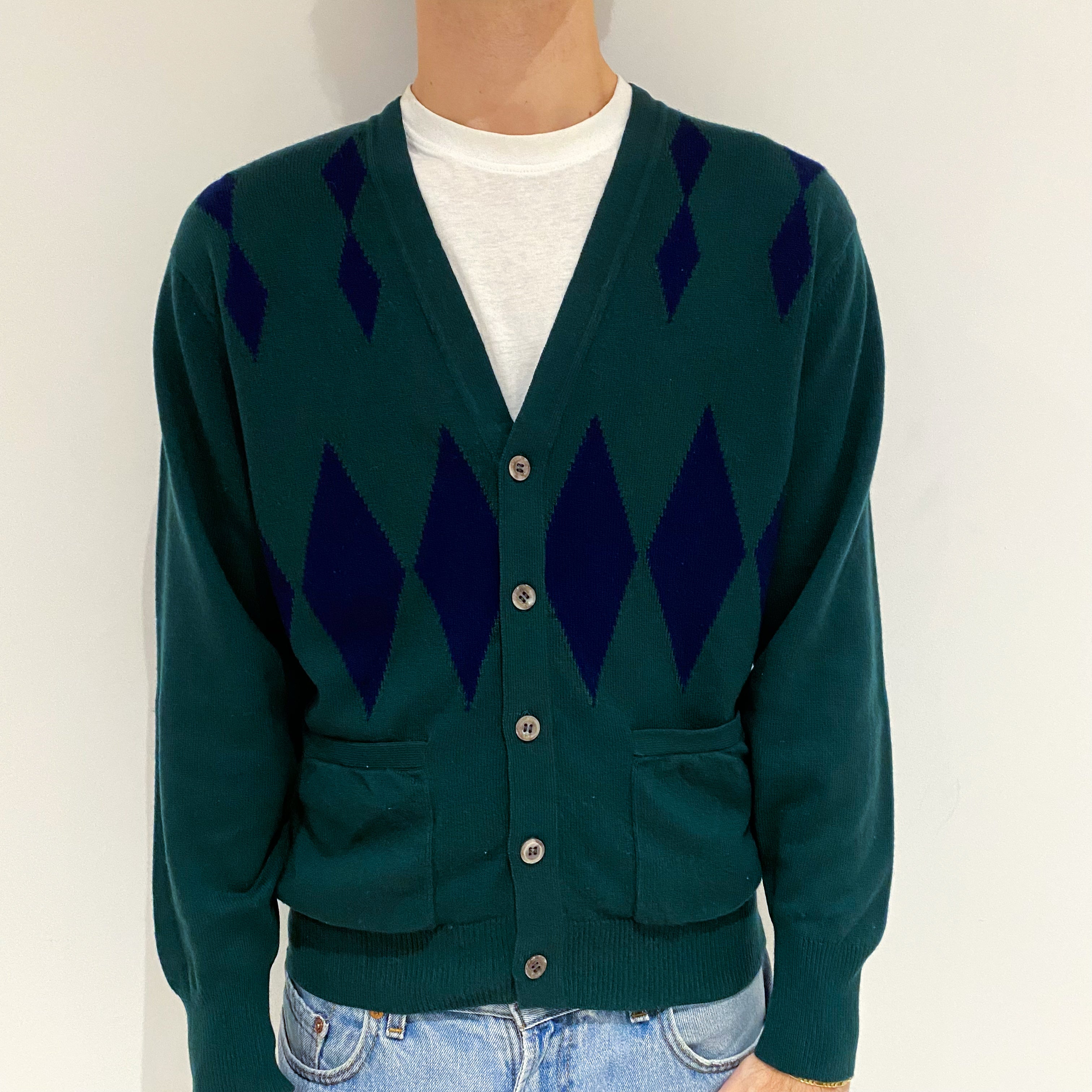 Men's Vintage Bottle Green Navy Diamond Cashmere V-Neck Cardigan Large