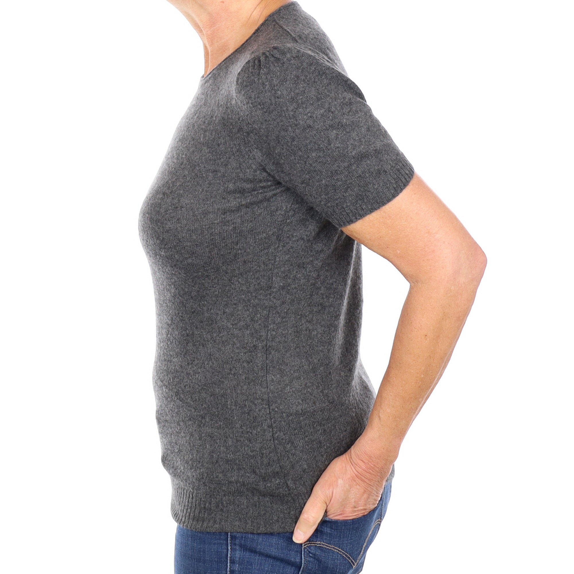 Slate Grey Cashmere Short Puff Sleeved Crew Neck Jumper Medium