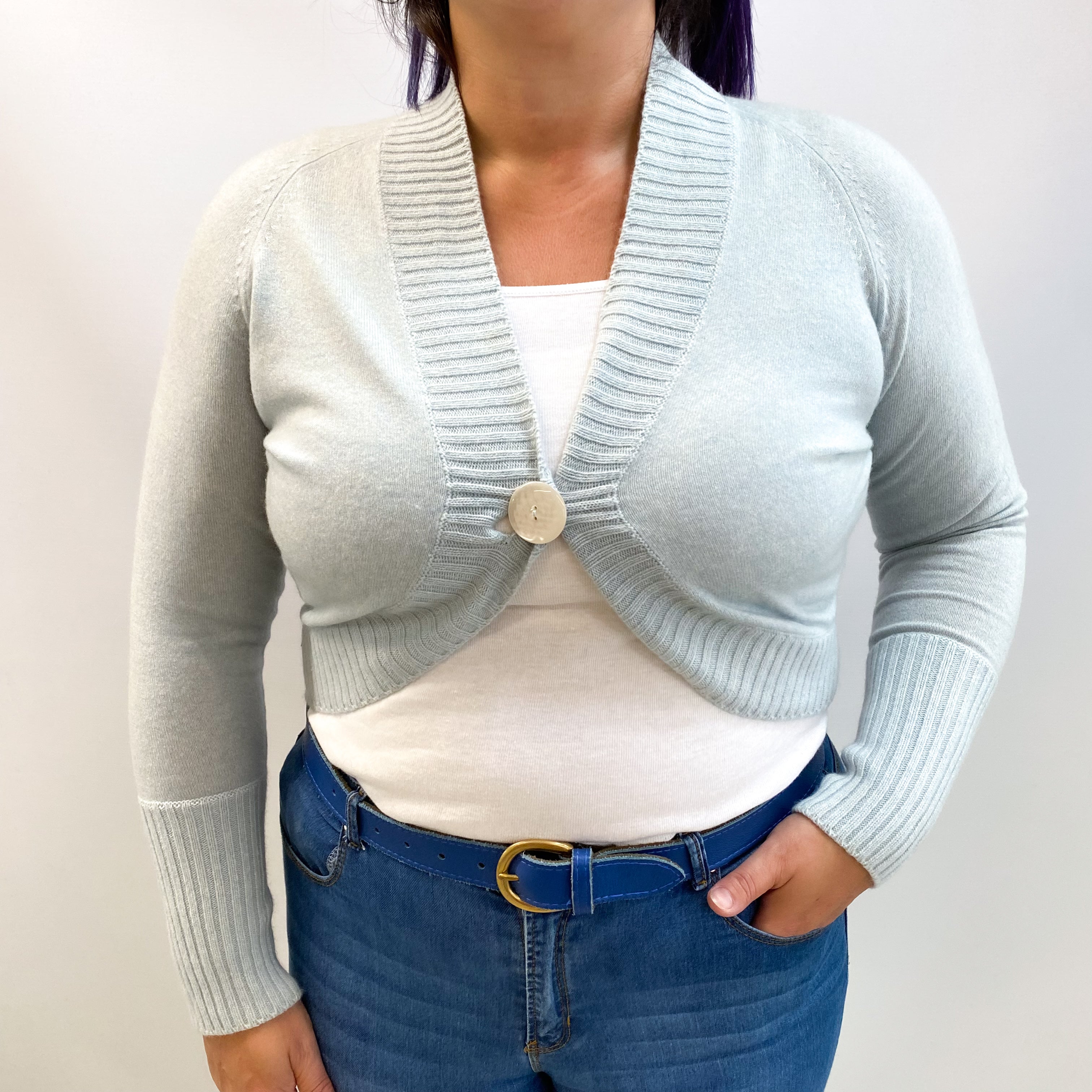 Italian Opal Blue Cashmere V Neck Shrug Cardigan Large