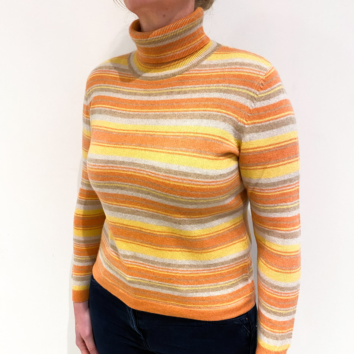 Orange and Yellow Stripe Cashmere Polo Neck Jumper Large