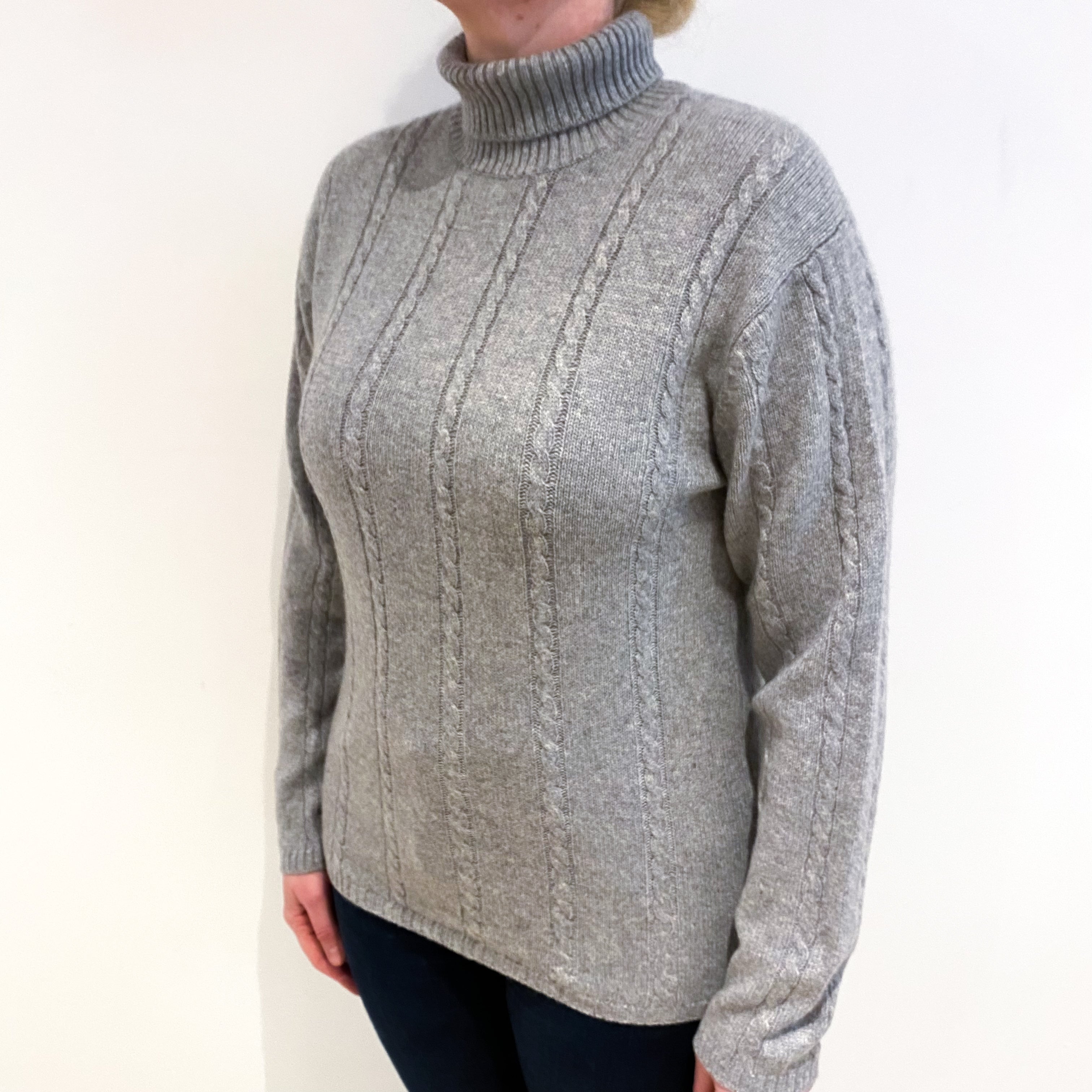 Smoke Grey Cashmere Polo Neck Cable Knit Jumper Large