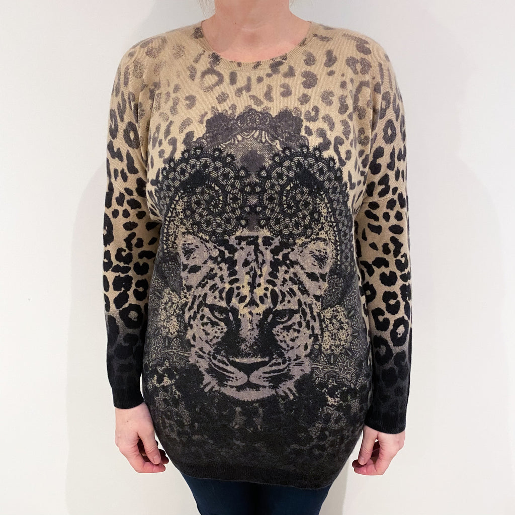 Beige and Charcoal Leopard Cashmere Crew Neck Jumper Large