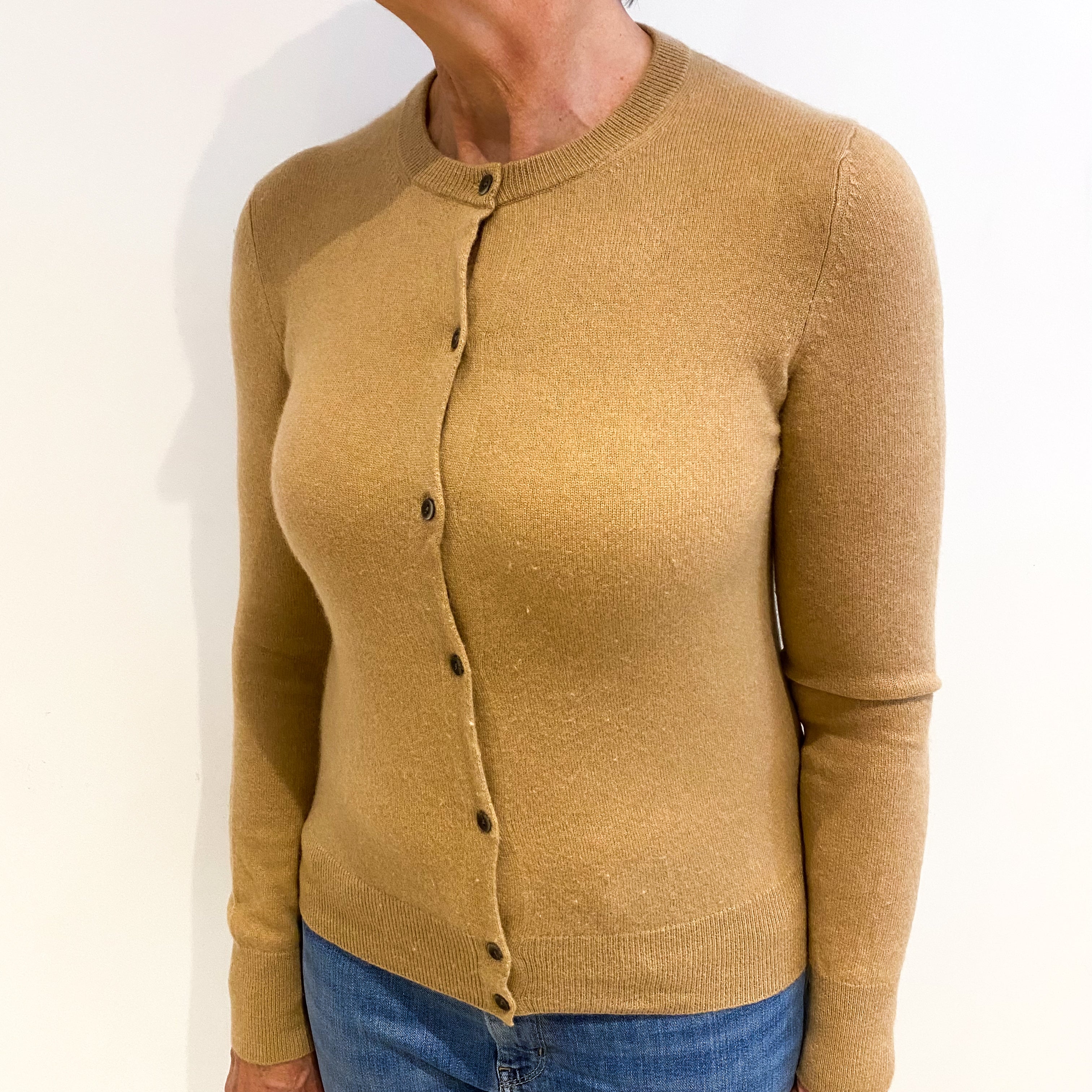 Camel Brown Cashmere Crew Neck Cardigan Medium