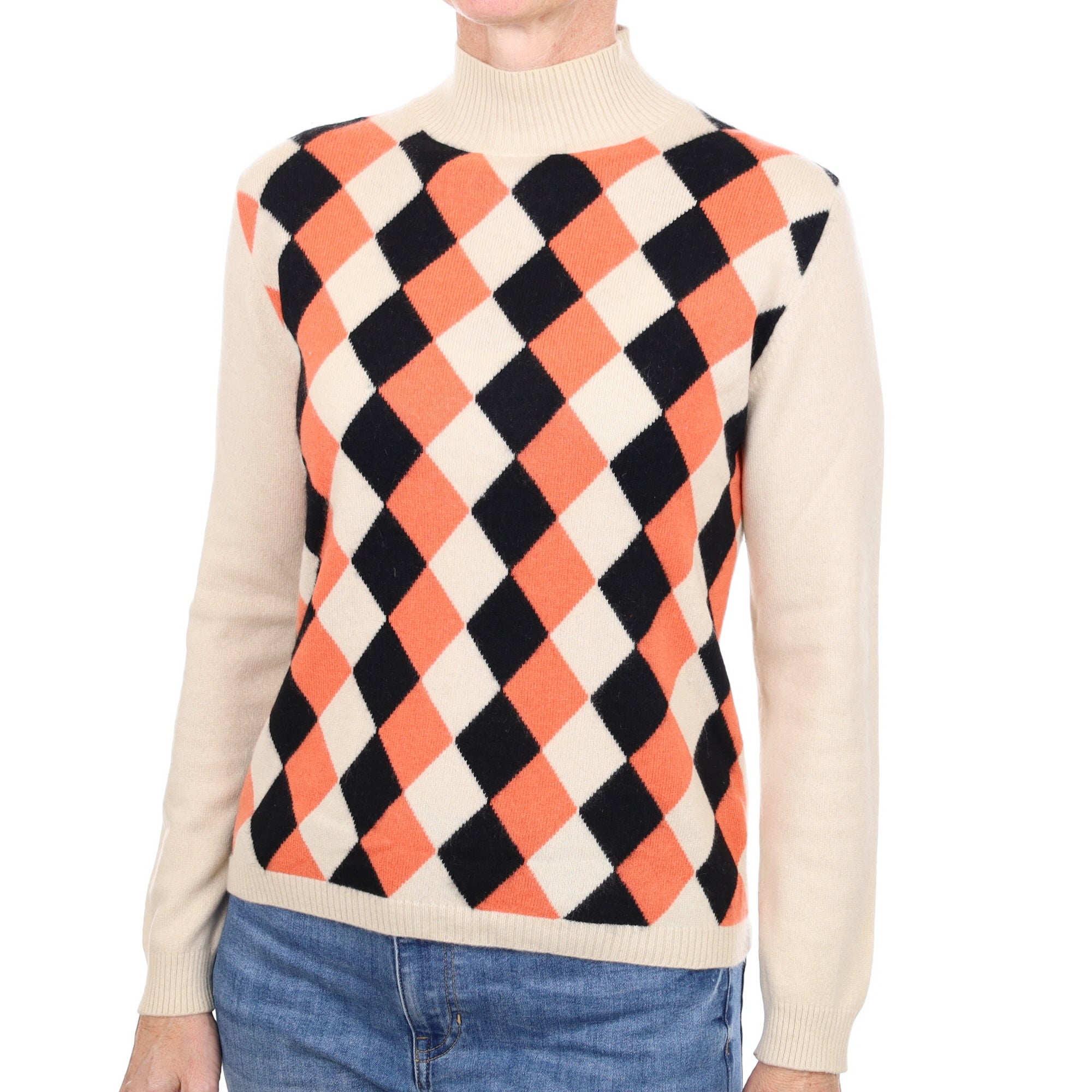 Oatmeal Beige Diamond Patterned Cashmere Turtle Neck Jumper Small
