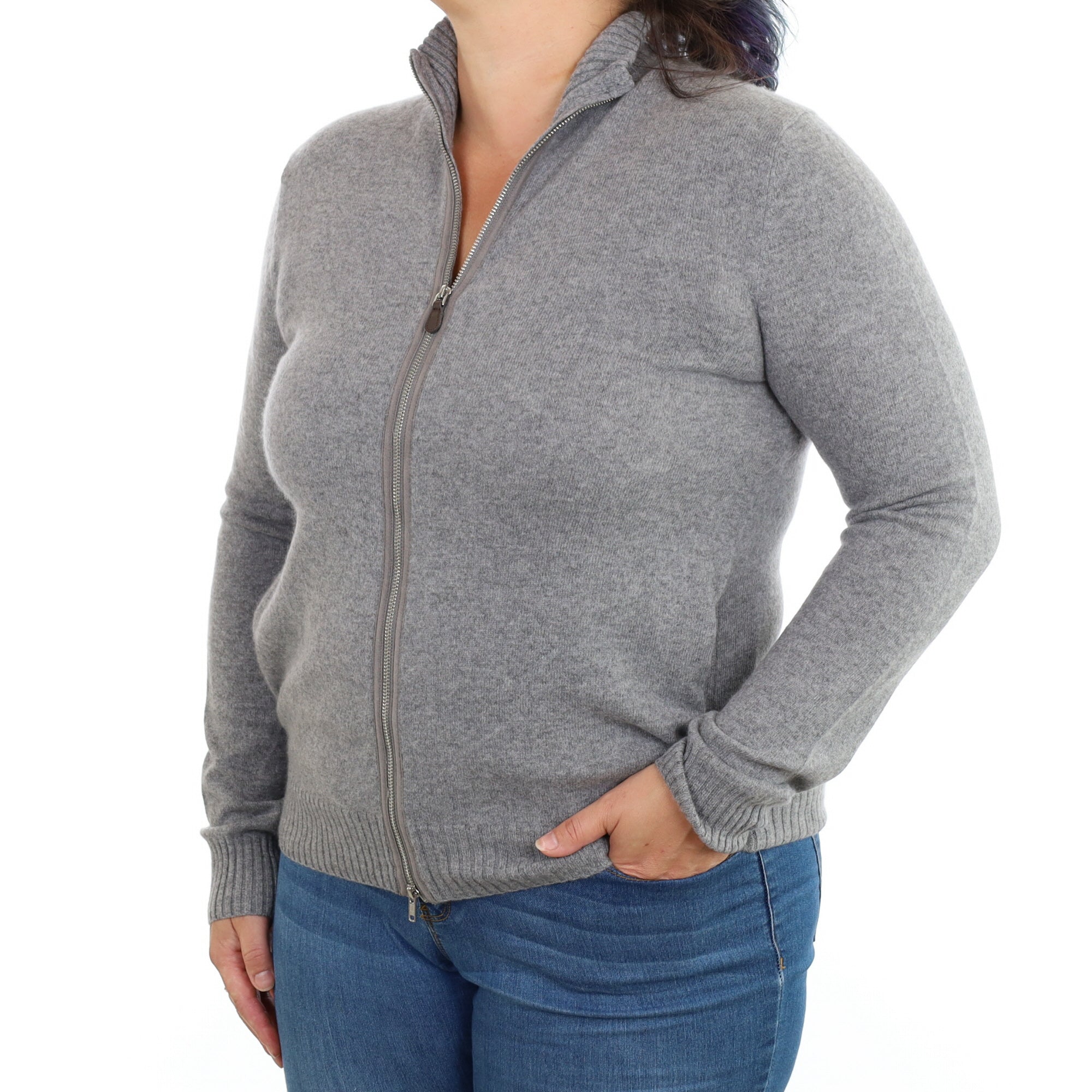 Ash Grey Cashmere Zip Up Cardigan Large