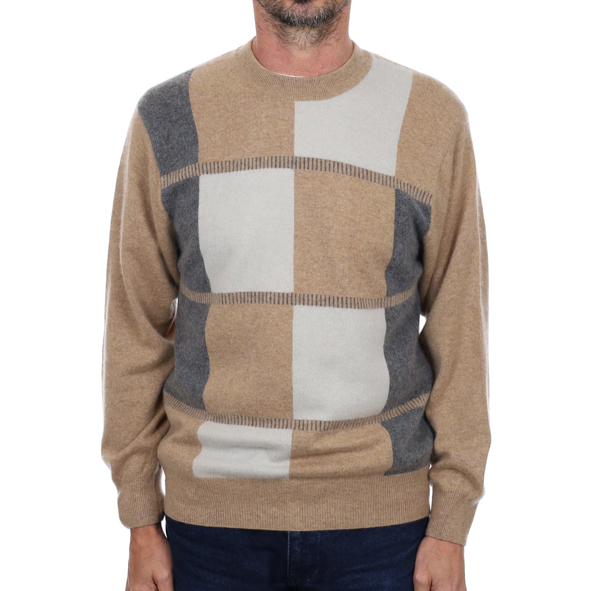 Men's Camel and Grey Patterned Cashmere Crew Neck Jumper Small