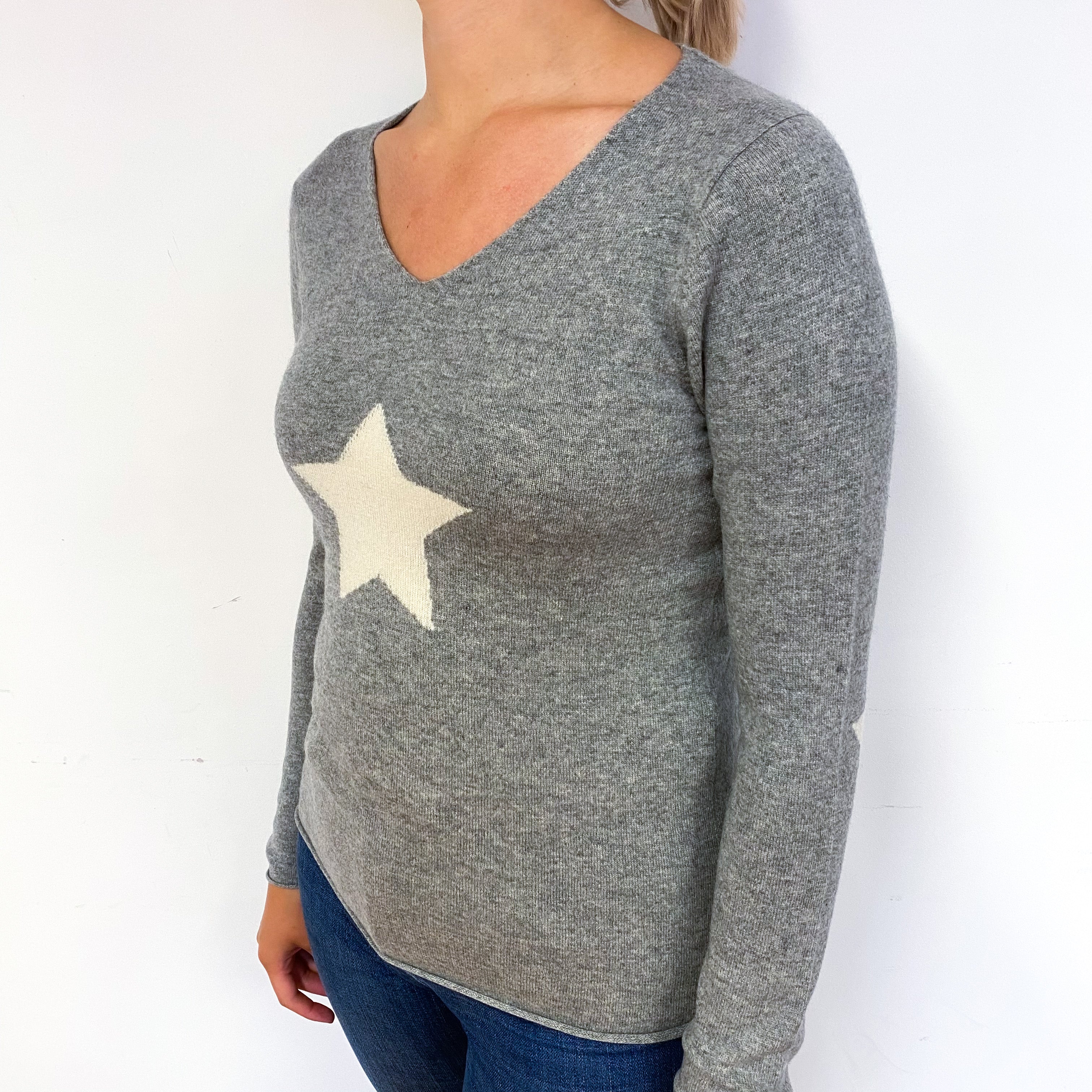 Ash Grey Star Cashmere V-Neck Jumper Small