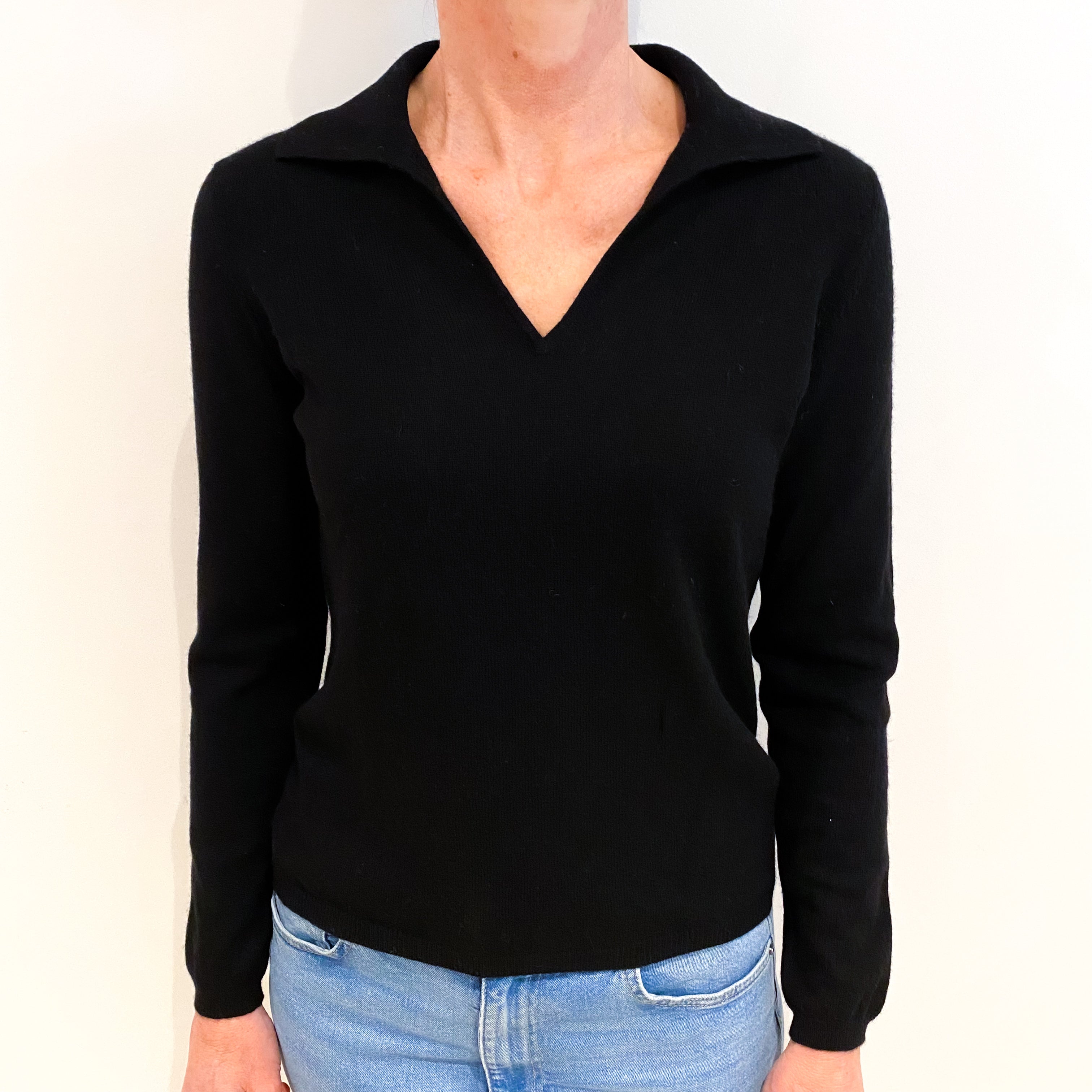Black Cashmere Collared V Neck Jumper Small
