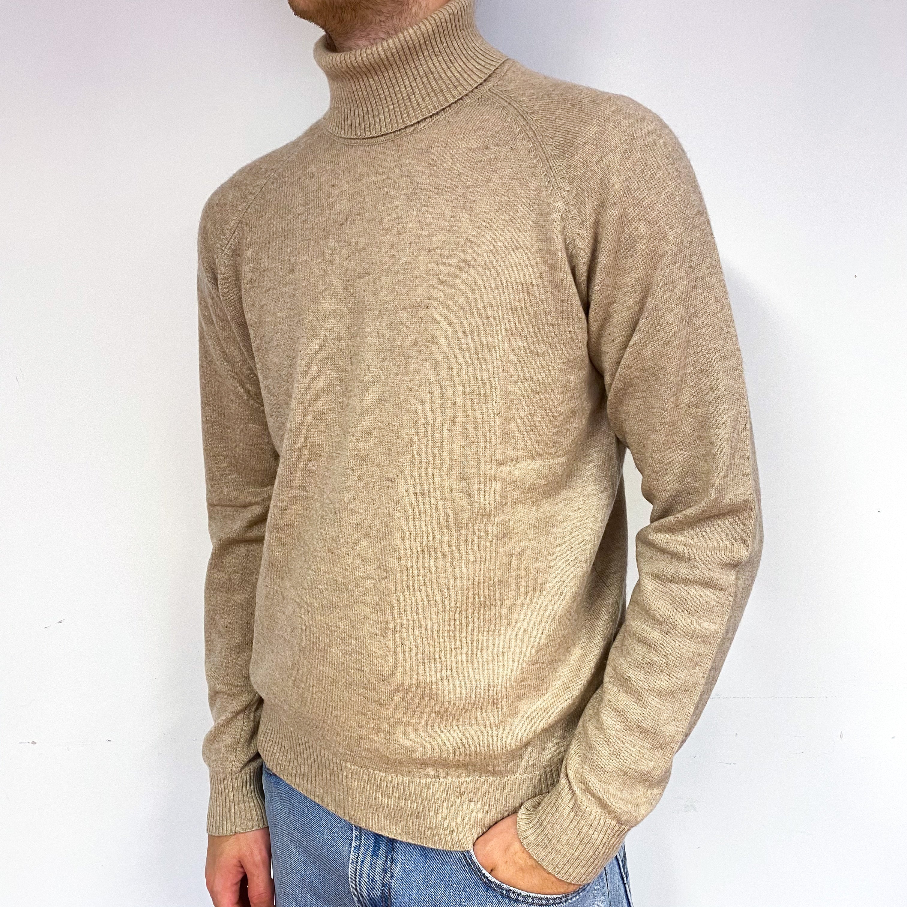 Men's Biscuit Brown Cashmere Polo Neck Jumper Large