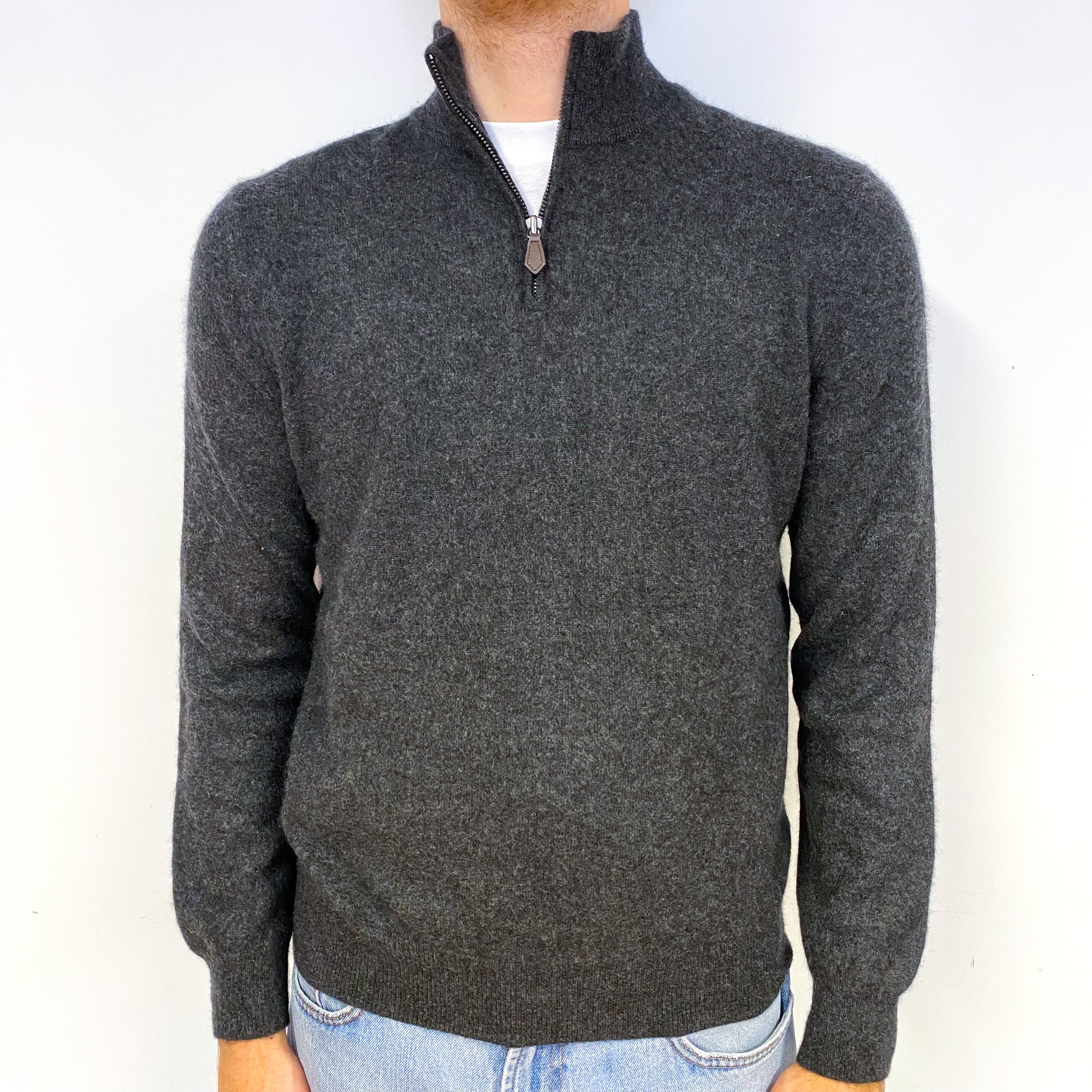 Men's Slate Grey Cashmere 1/4 Zip Jumper Medium