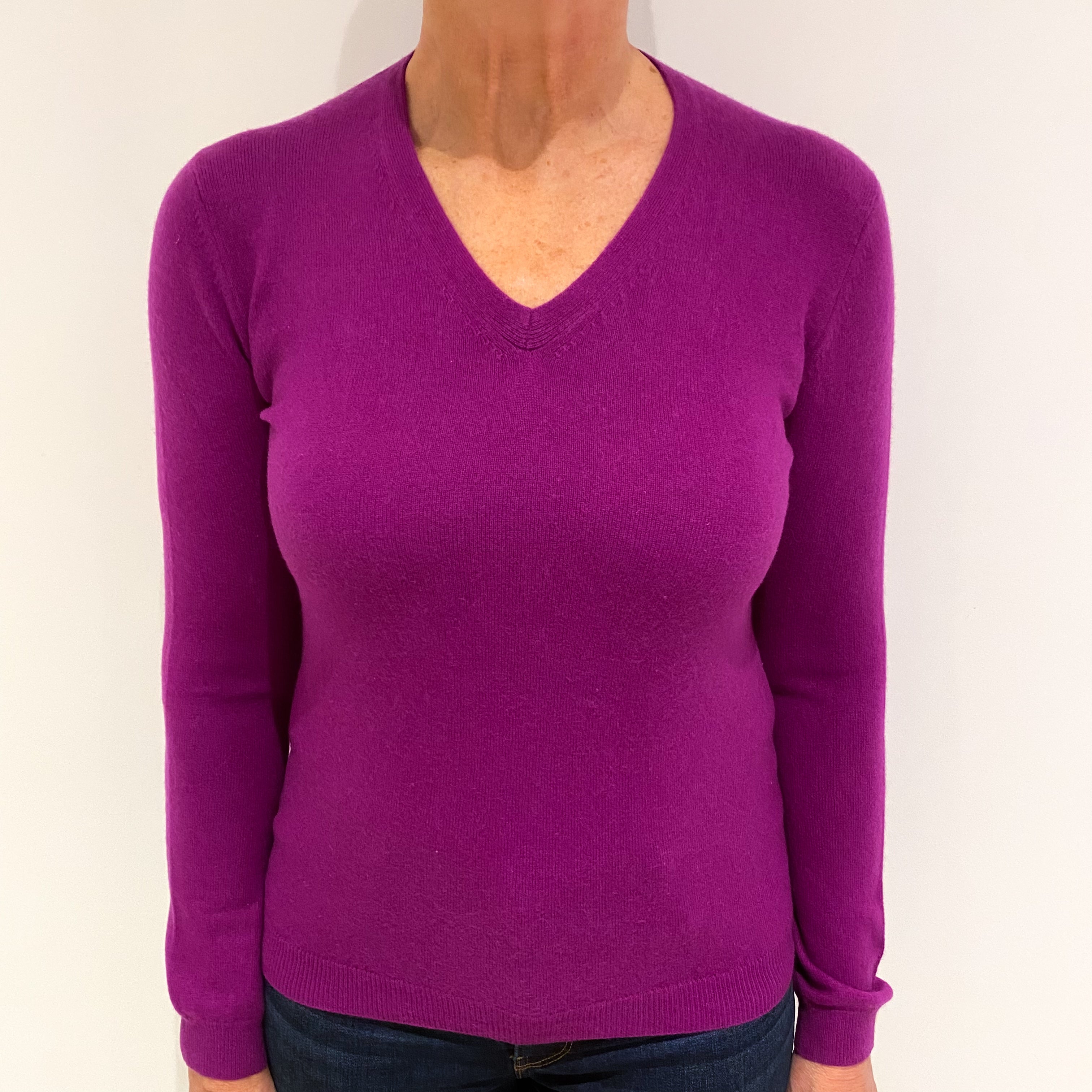 Magenta Purple Cashmere V Neck Jumper Medium