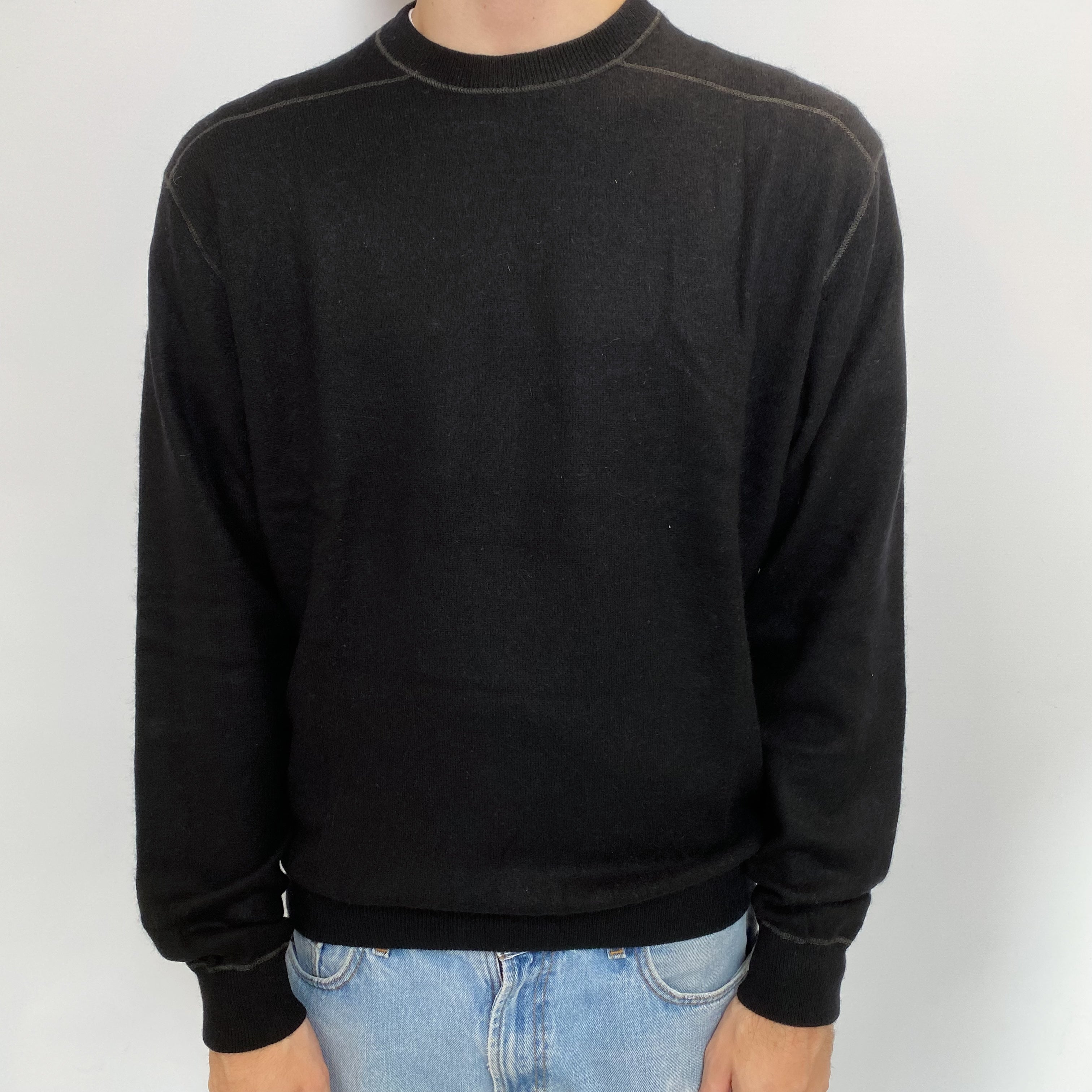 Men's Black Cashmere Crew Neck Jumper Medium