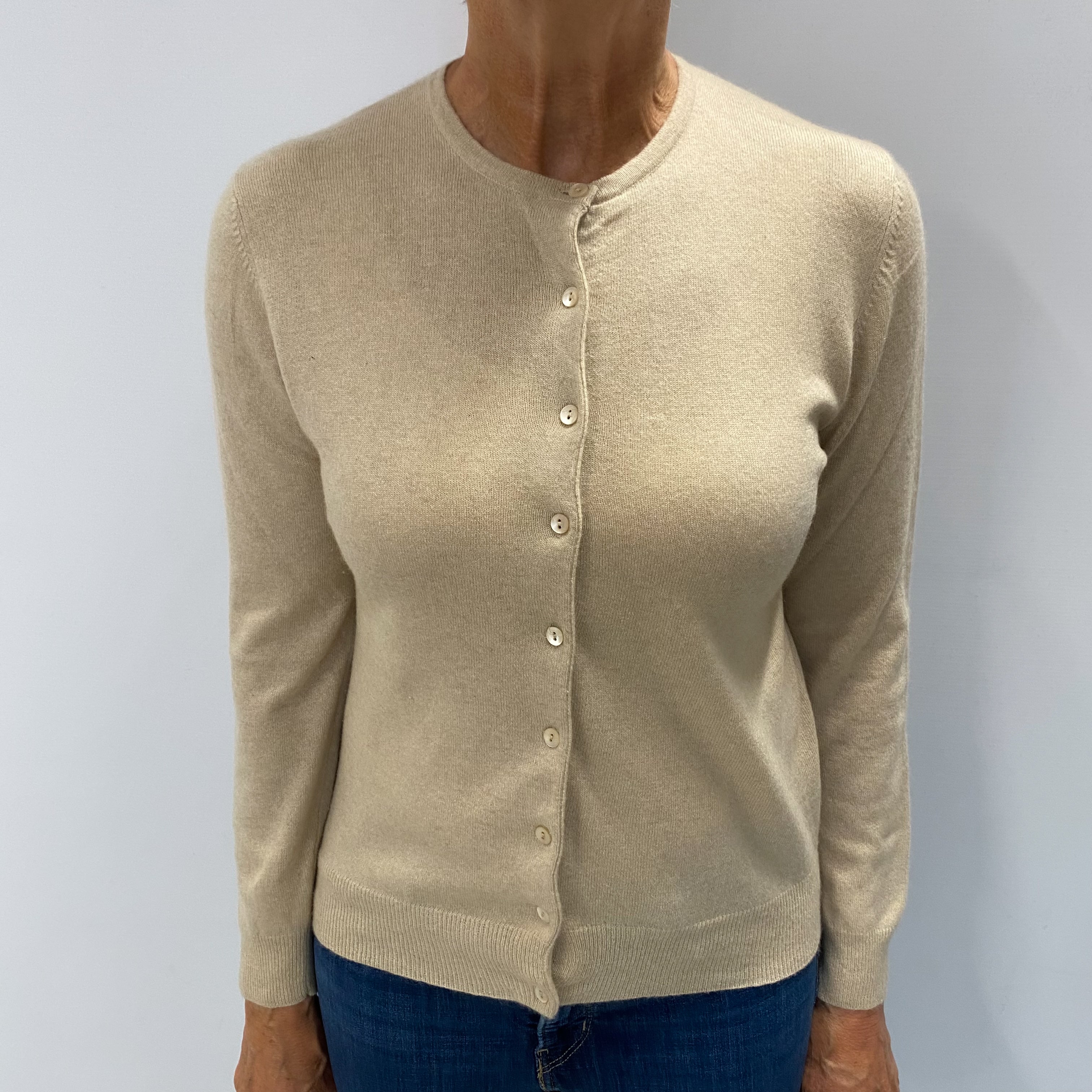 Beige Cashmere Crew Neck Cardigan Medium