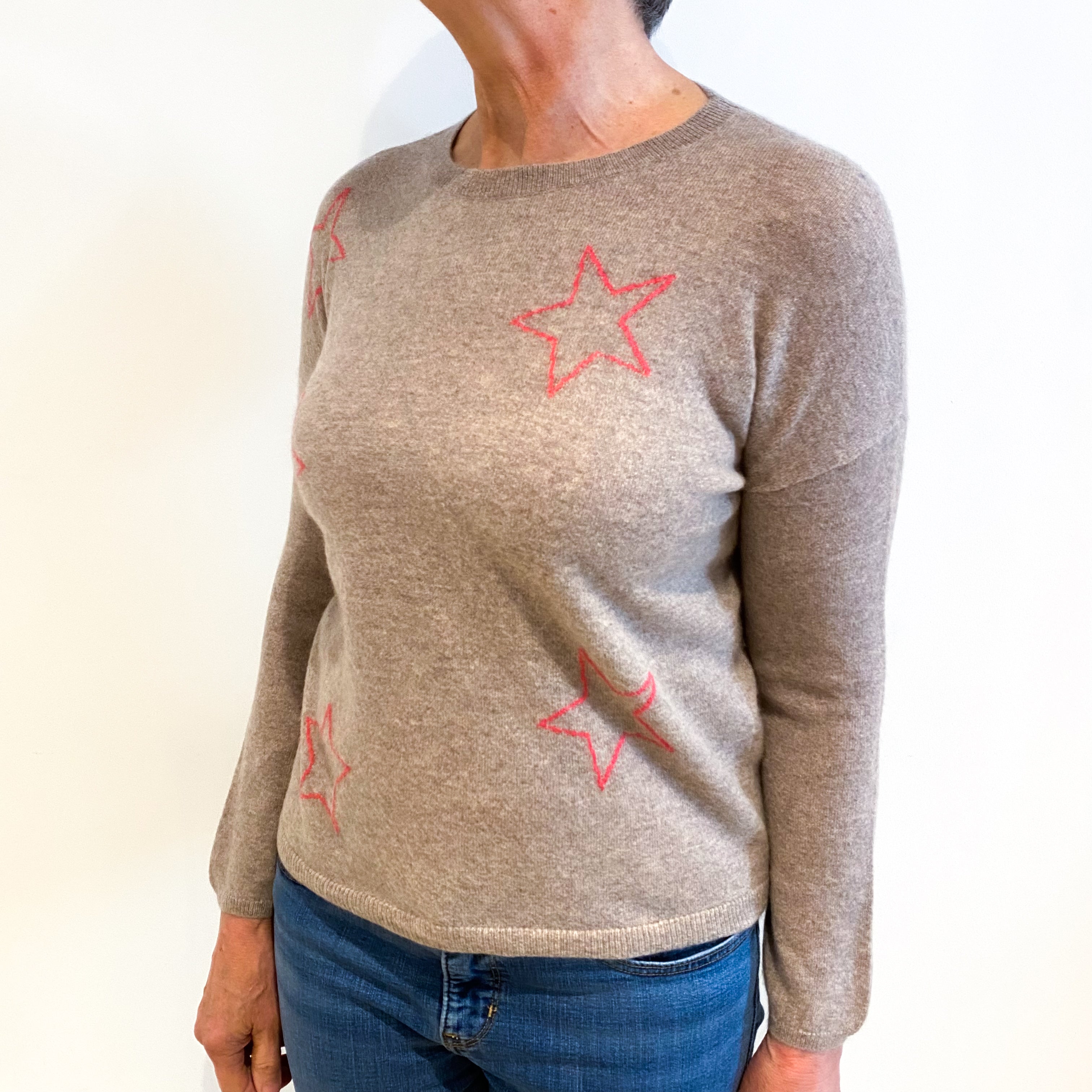 Taupe Brown With Pink Stars Cashmere Crew Neck Jumper Medium