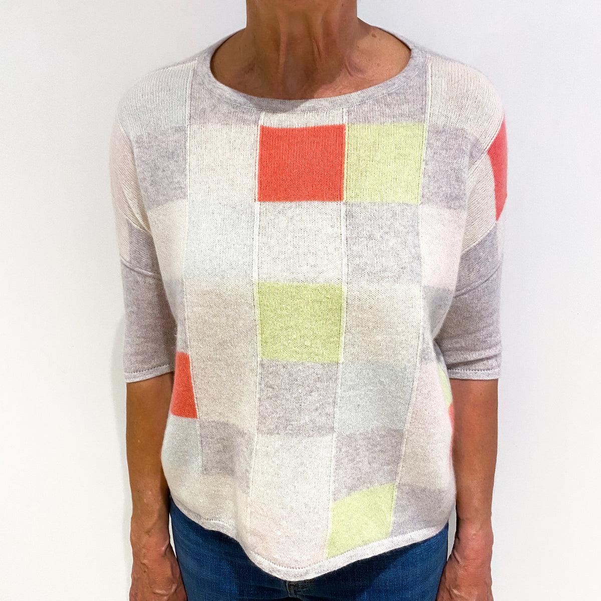 Grey Colour Block Cashmere Crew Neck Jumper Medium