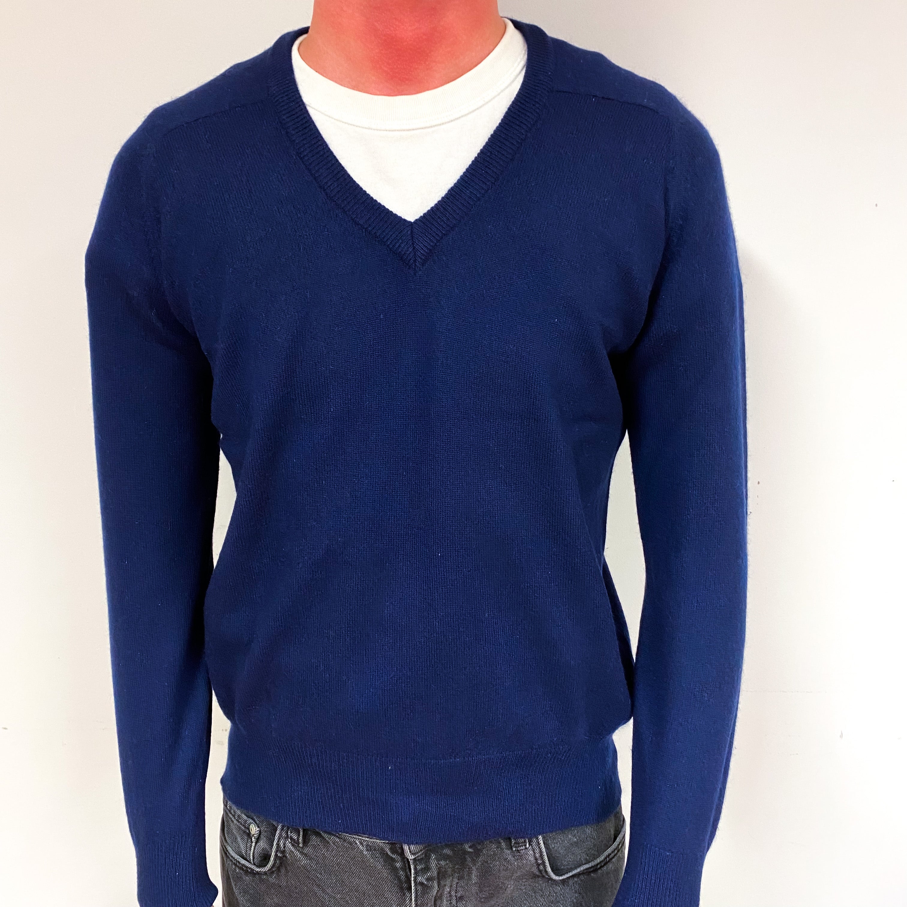 Men's Navy Blue Cashmere V-Neck Jumper Small