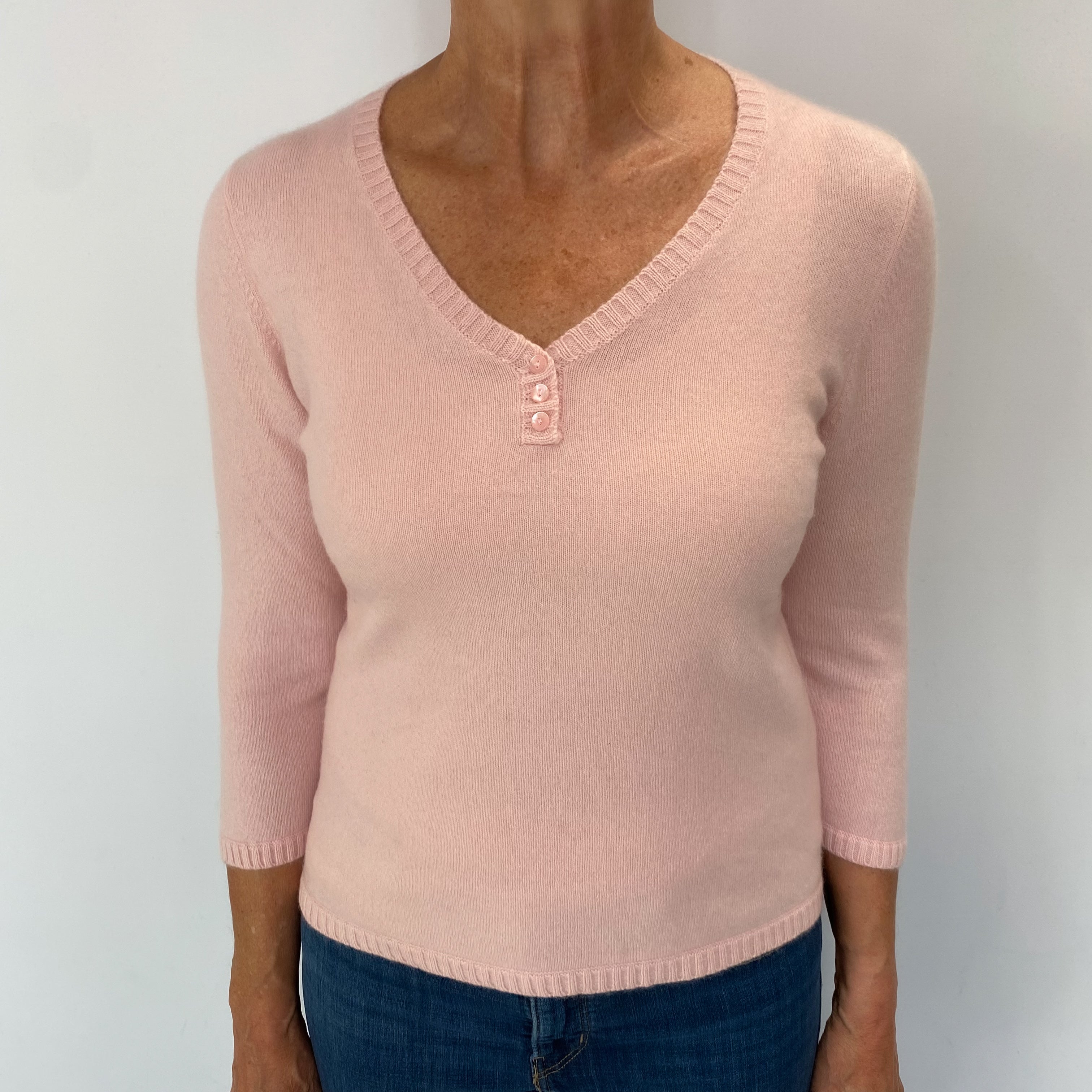 Shell Pink Cashmere Buttoned V Neck Jumper Medium